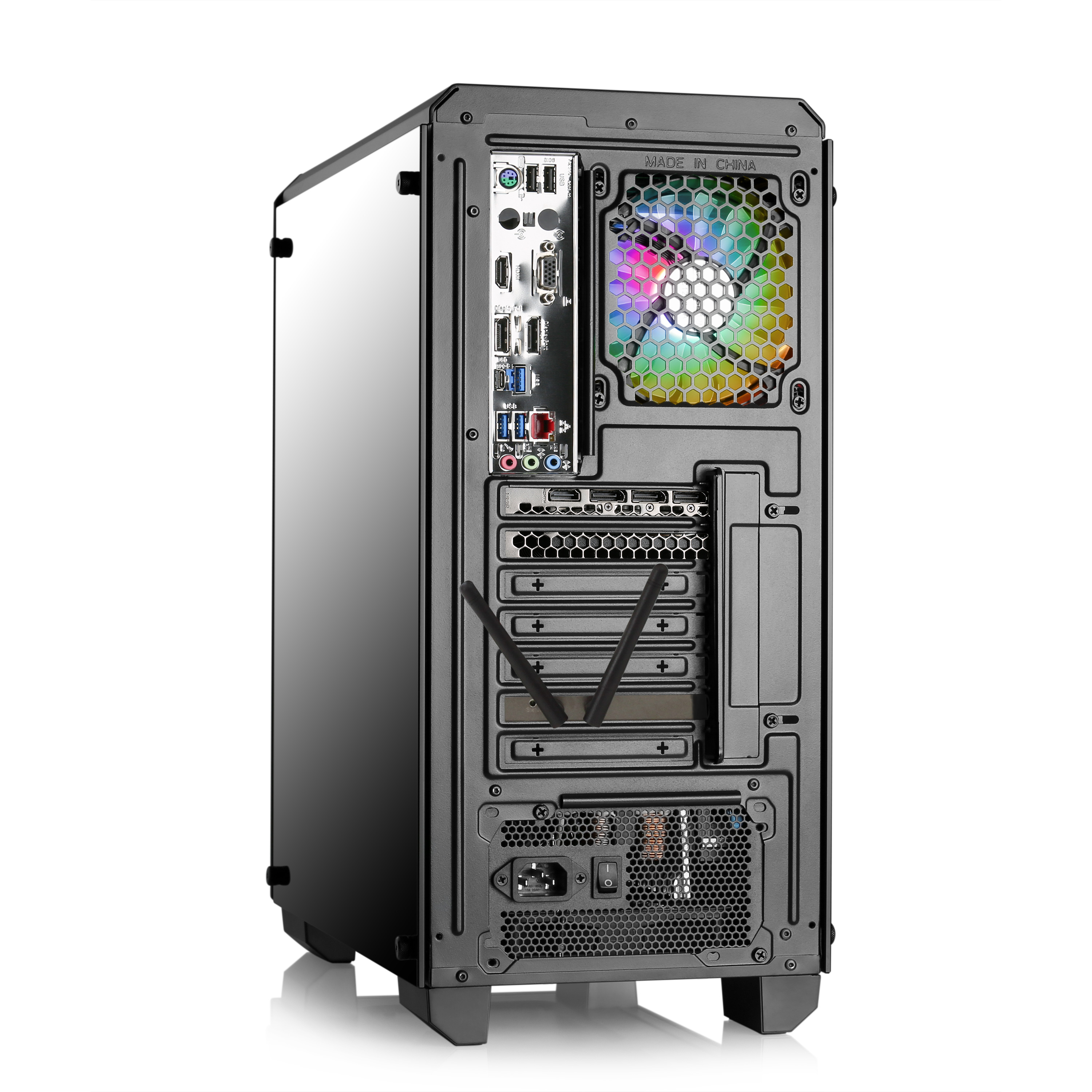 Rückansicht eines schwarzen Computergehäuses mit verschiedenen Anschlüssen und einem bunten Lüfter.