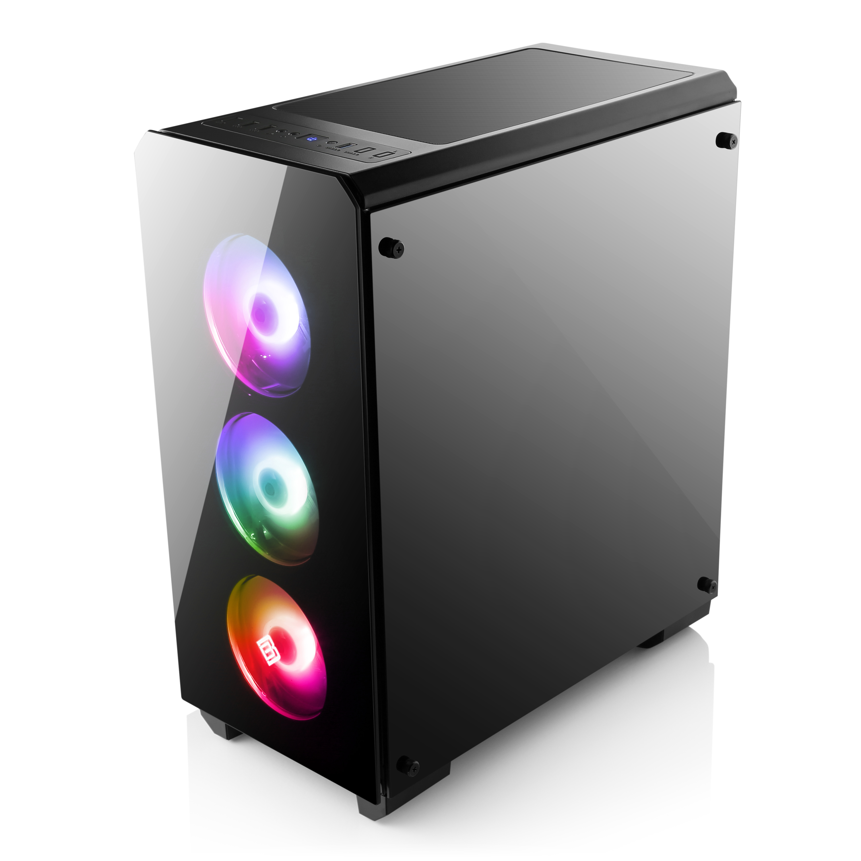 Schwarzes Computergehäuse mit Glasseite. Drei RGB-Lüfter sichtbar.