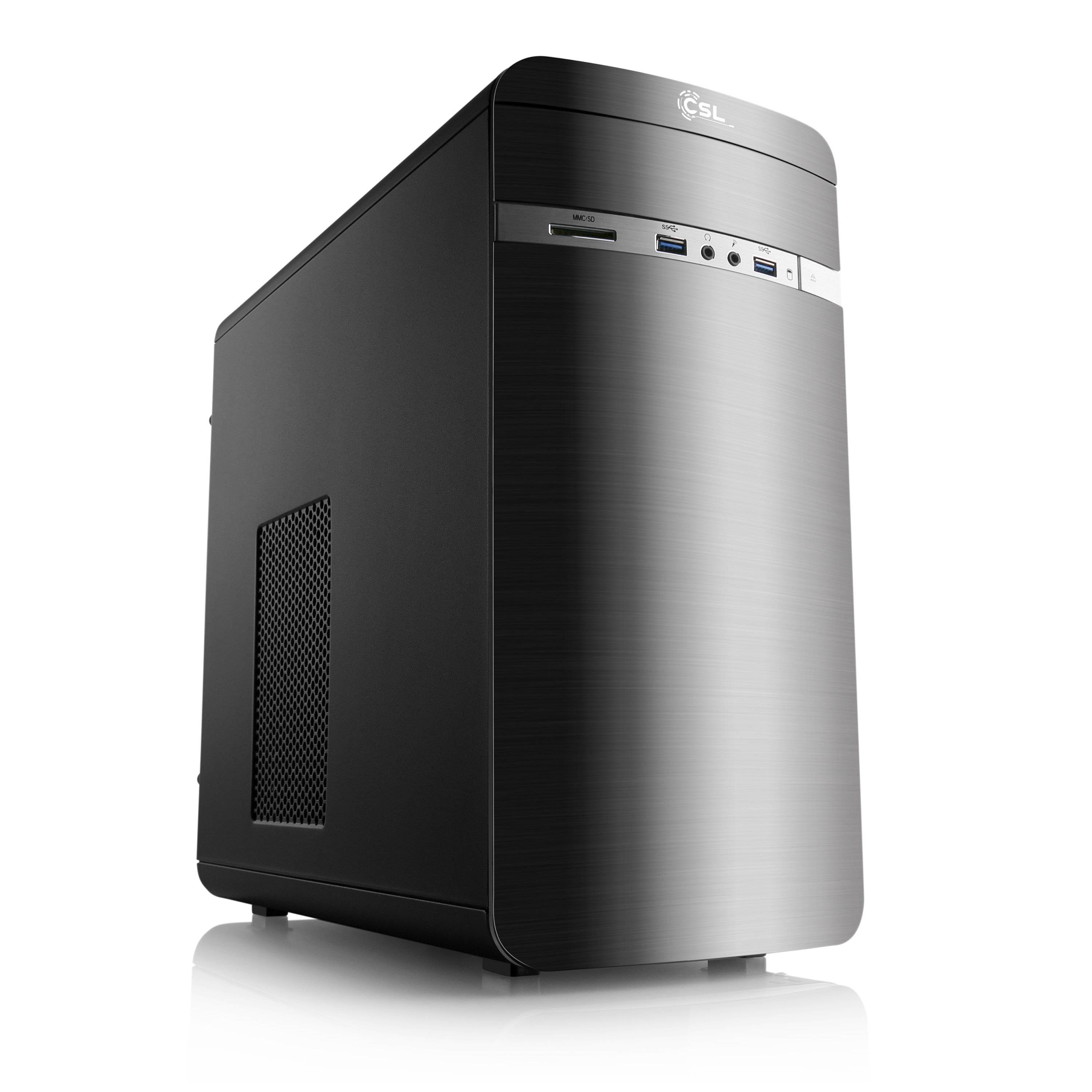 Schwarzes Desktop-Computergehäuse mit gebürsteter Metallfront und Anschlüssen oben.