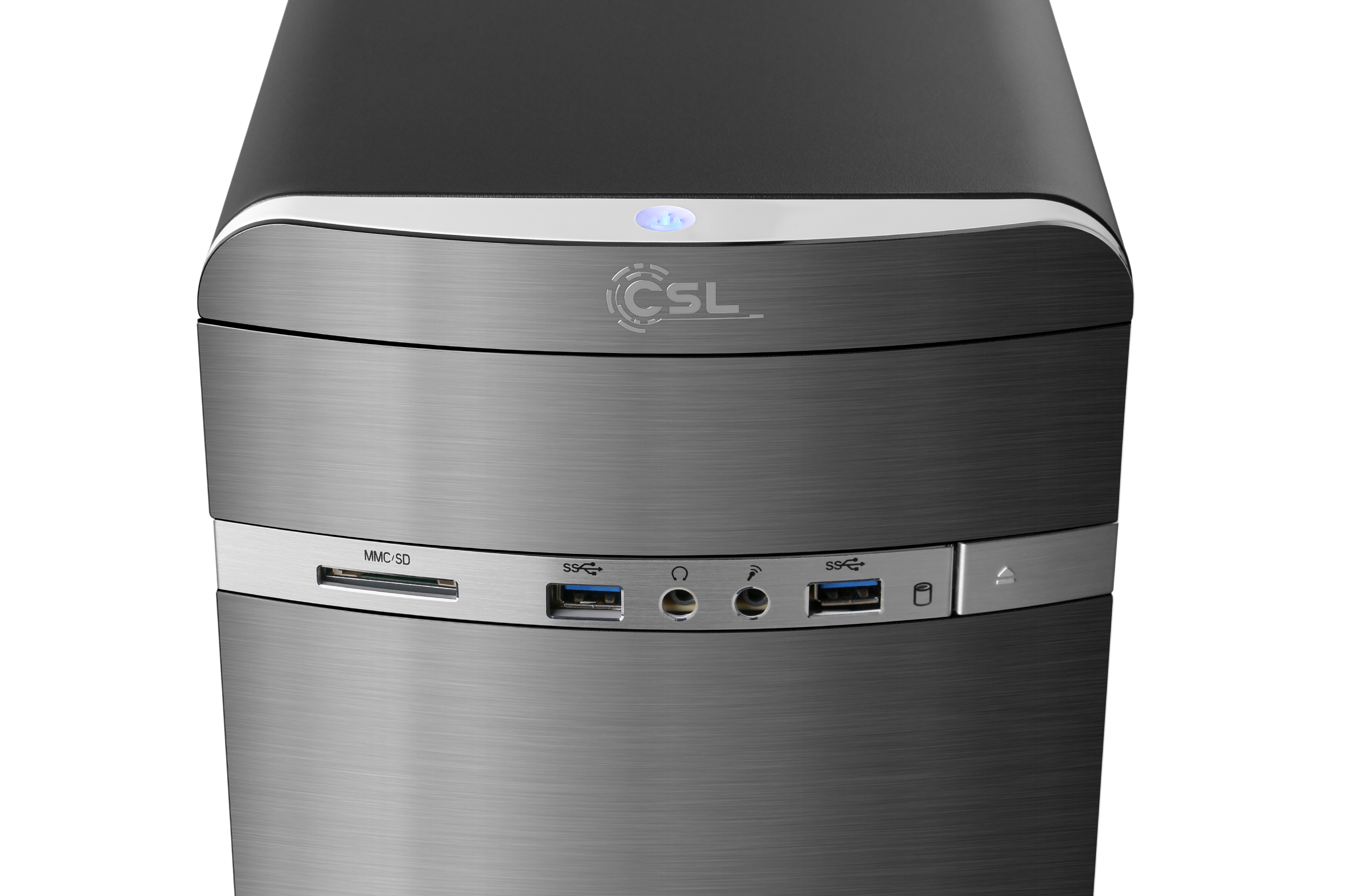Dunkelgrauer Computerturm mit Frontanschlüssen, einem Power-Button und dem CSL-Logo auf weißem Hintergrund.