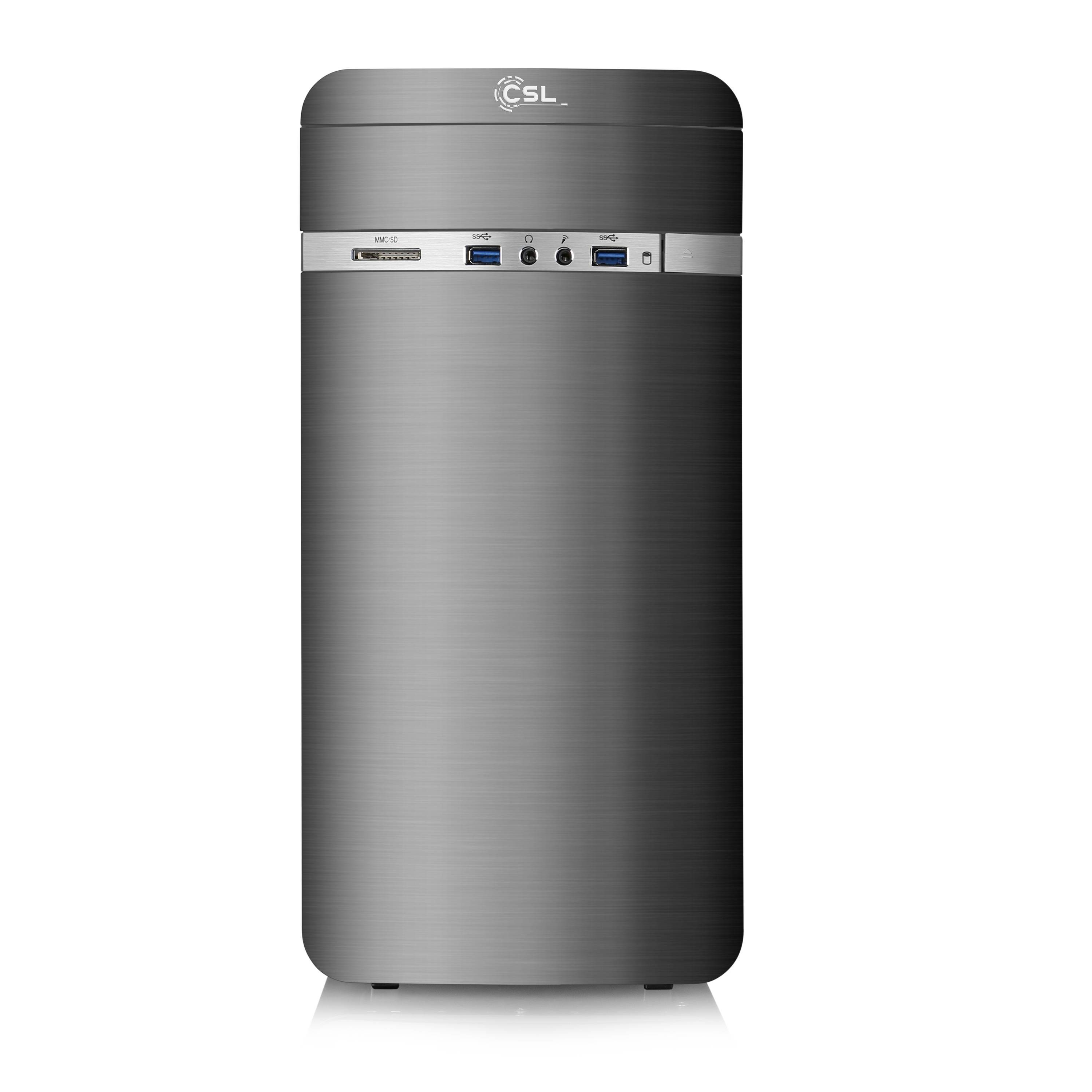 Silberner Computerturm. Vorderansicht. Silber- und Schwarz-Design. Weißer Hintergrund.