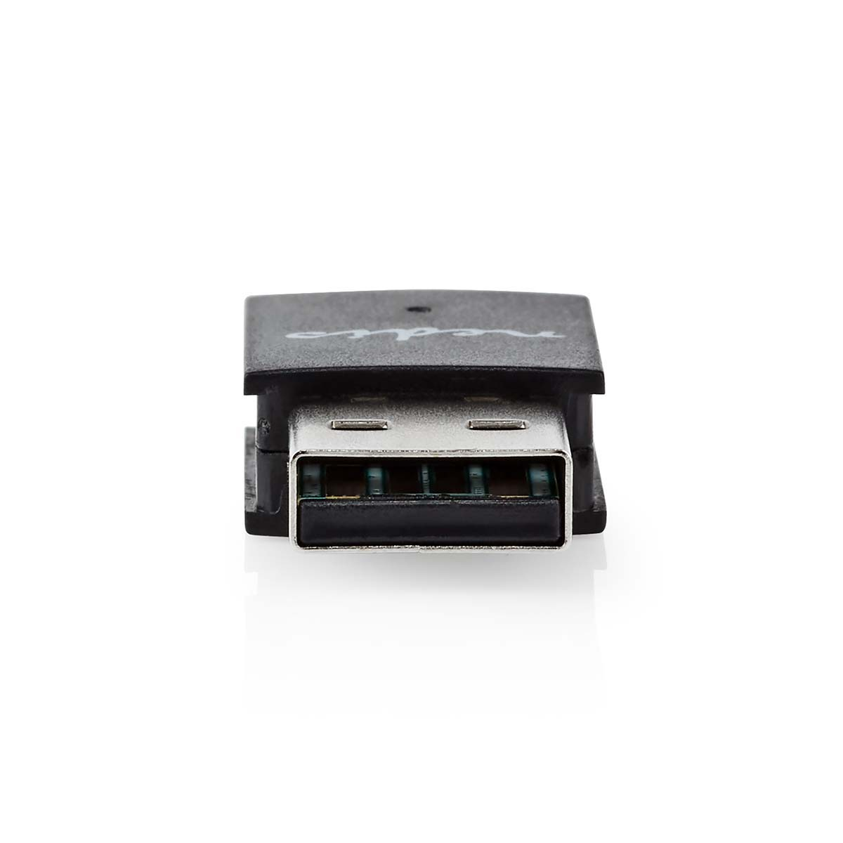 Black USB adapter with a USB port and a USB-C connector. It is on a white surface, viewed from above.