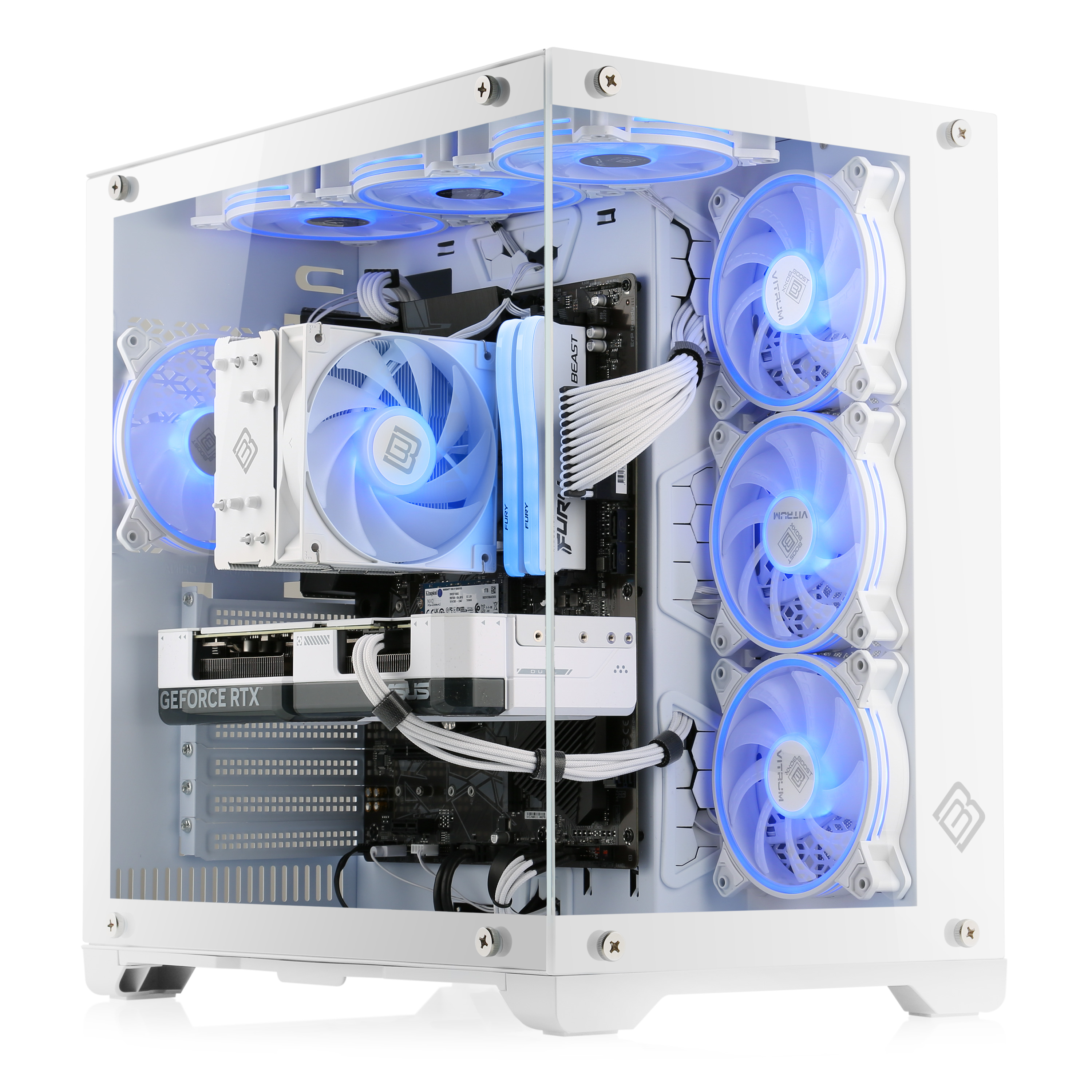 Ein weißes Computergehäuse mit blau leuchtenden Lüftern und internen Komponenten.