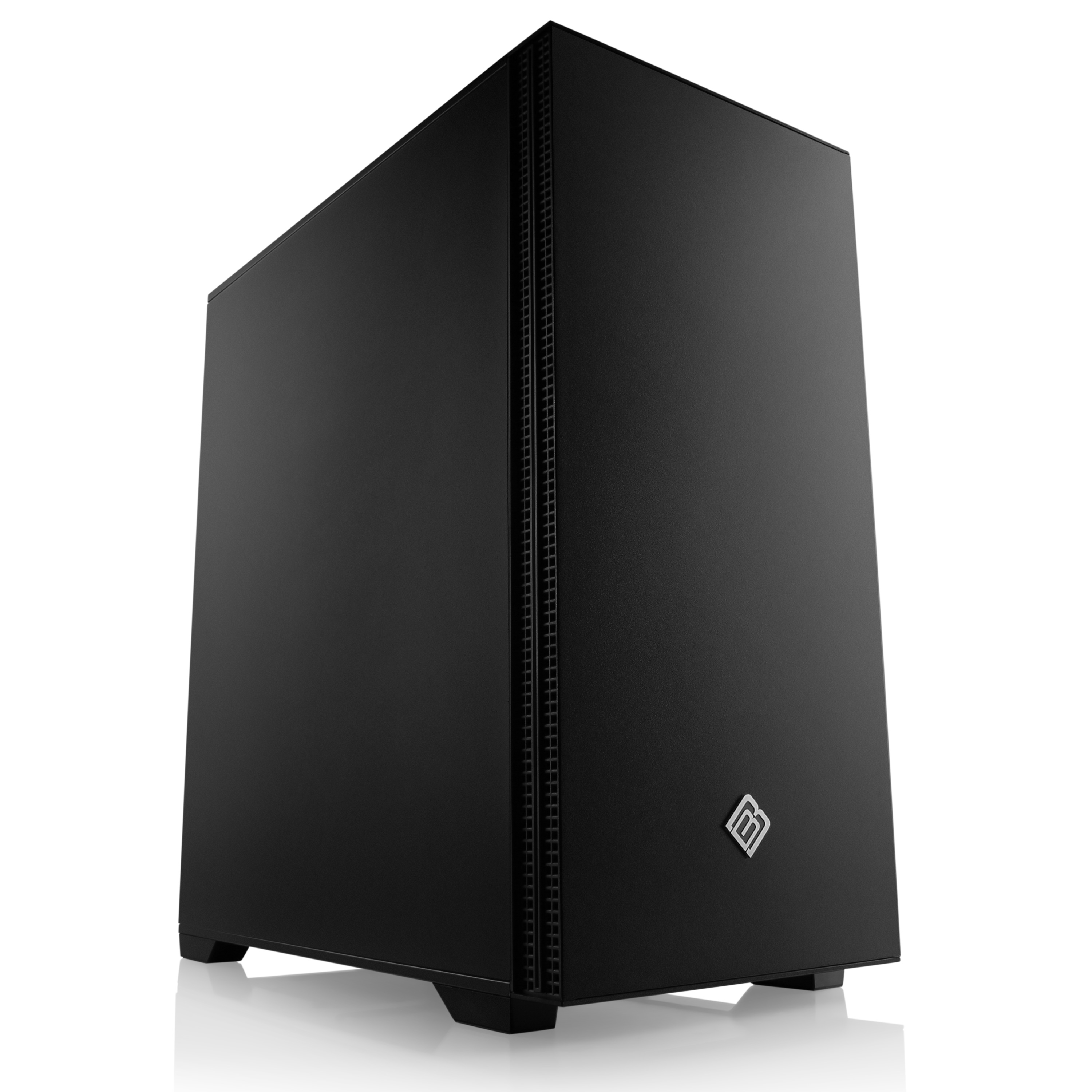 Ein schwarzes Computergehäuse mit schlichtem Design und Logo, vor weißem Hintergrund.