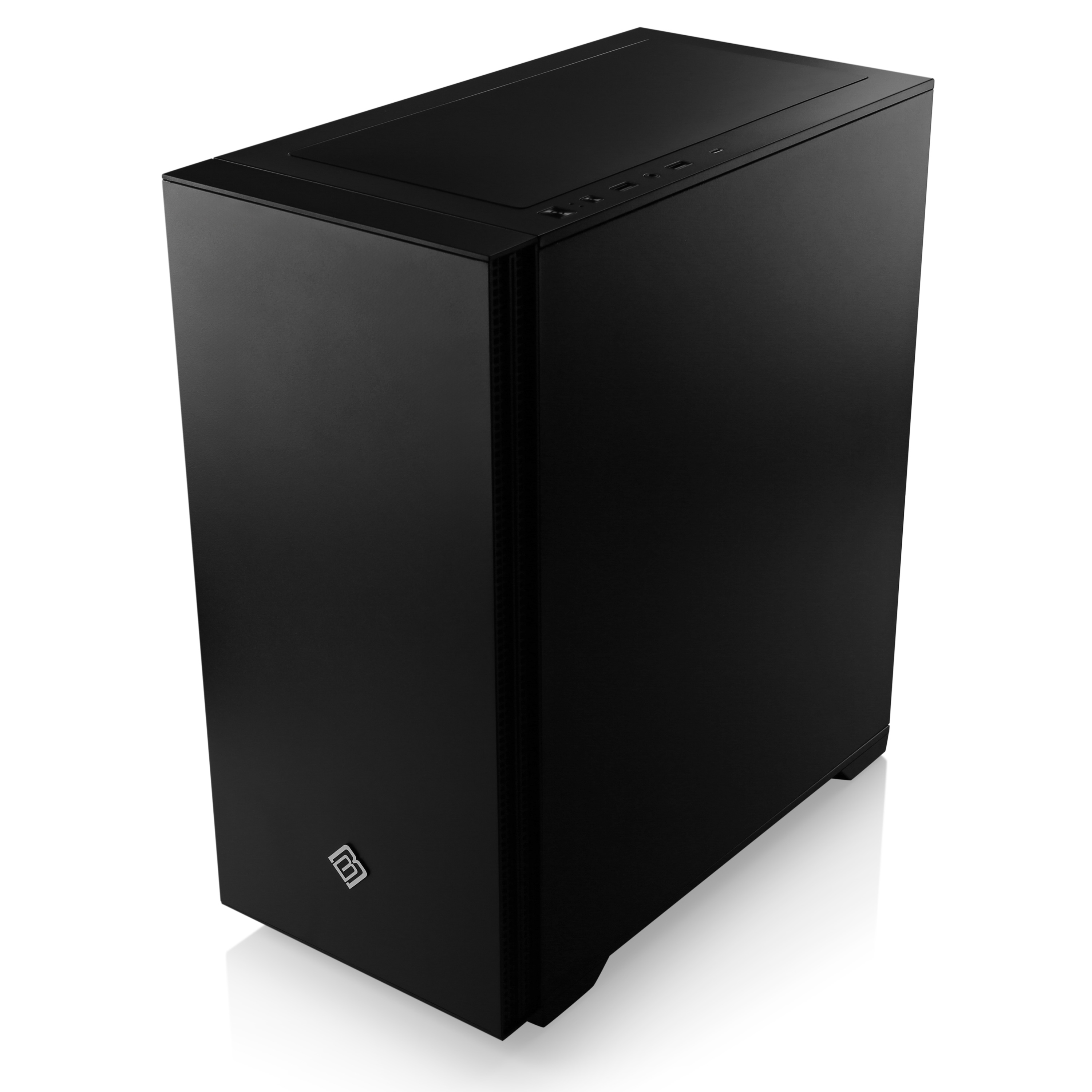 Schwarzes Computergehäuse. Es hat eine rechteckige Form mit einem Logo auf der Vorderseite.