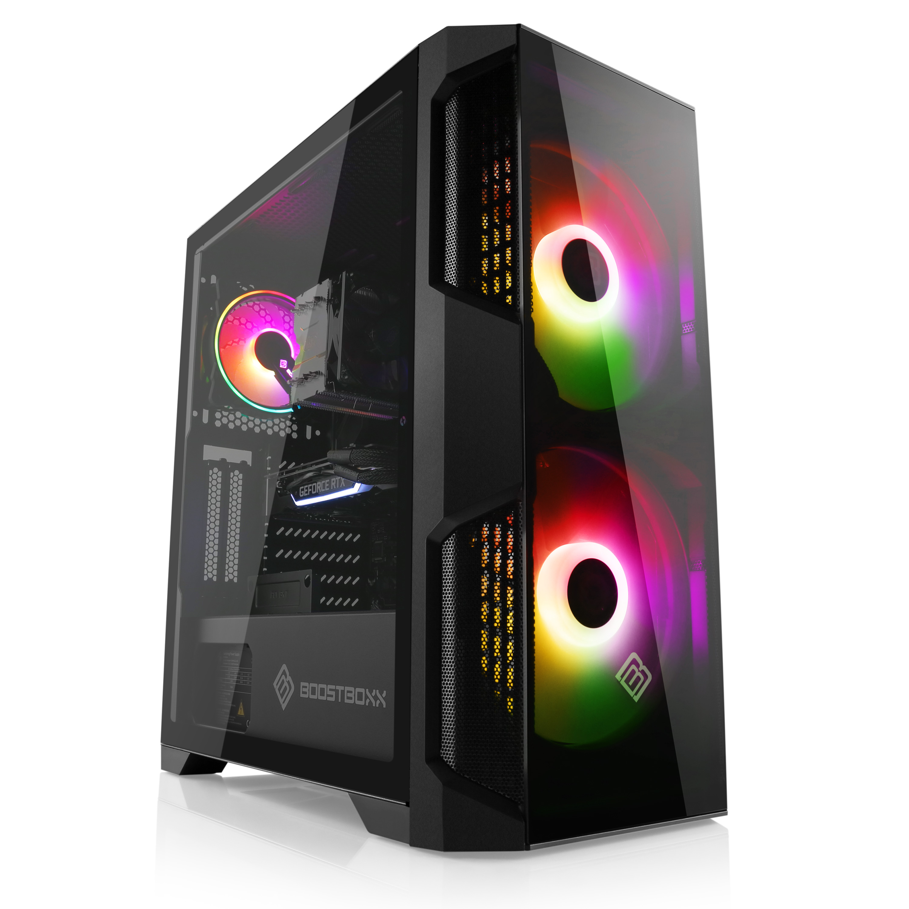 Ein schwarzes Computergehäuse mit Glasseitenfenster, das interne Komponenten und farbenfrohe LED-Lüfter zeigt.