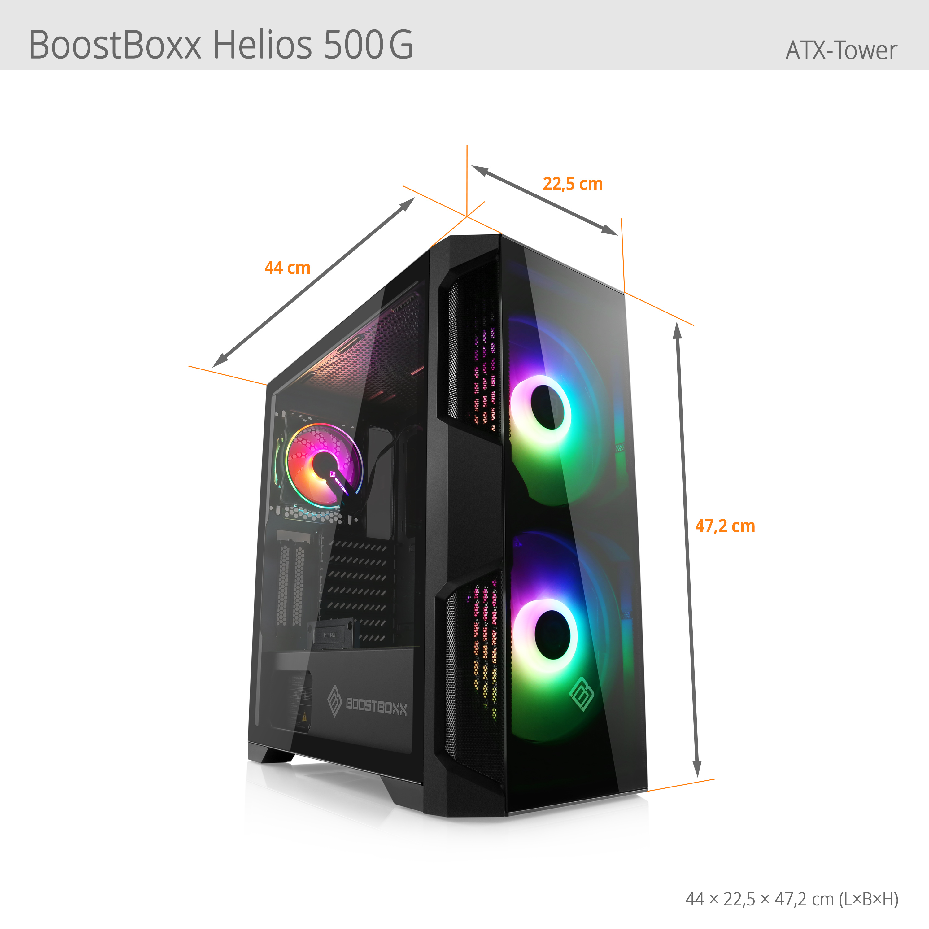 Schwarzes PC-Gehäuse mit Abmessungen und Text. Regenbogenfarbene Lüfter und Seitenfenster.