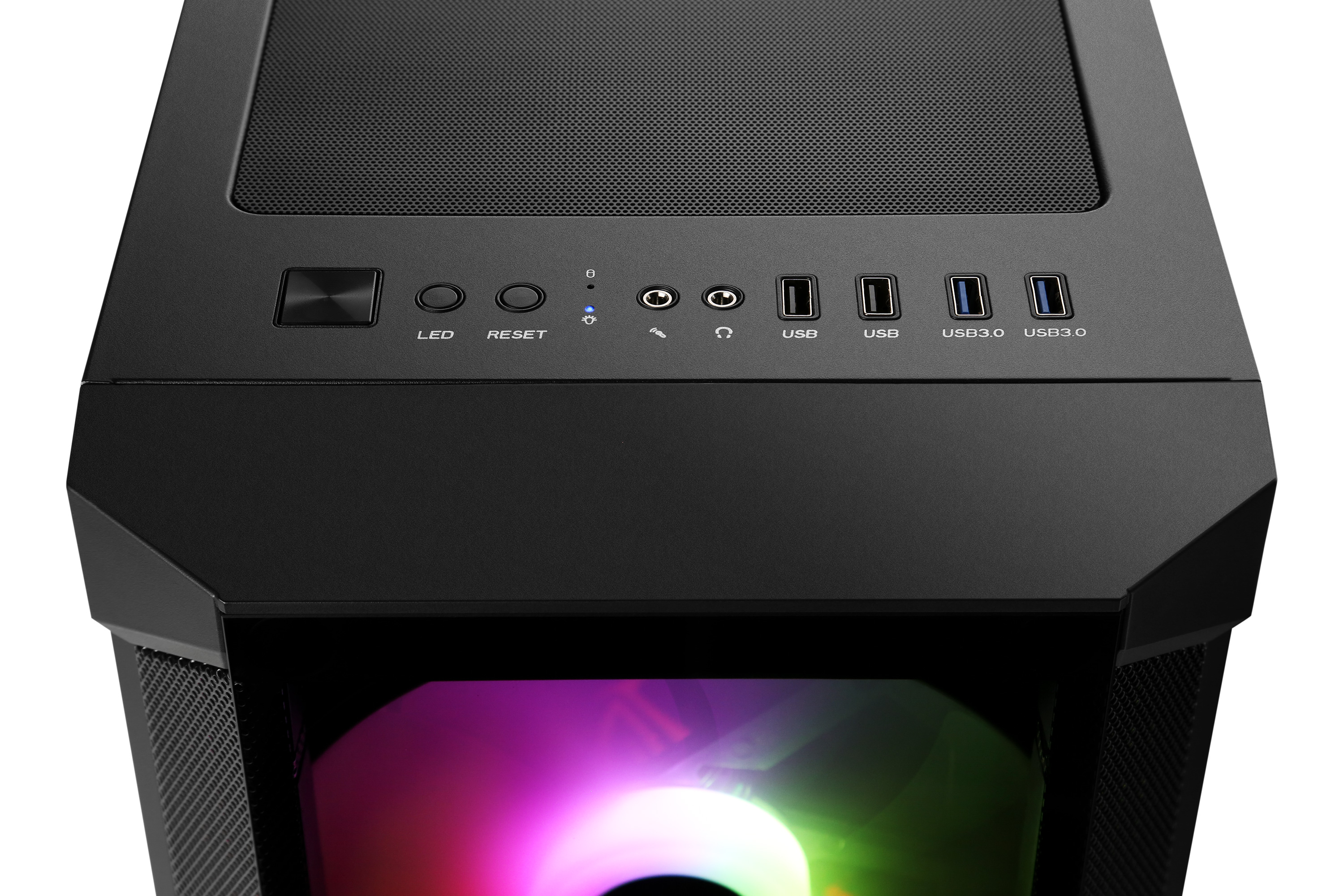 Draufsicht auf ein schwarzes Computergehäuse mit Knöpfen, Anschlüssen und einem leuchtenden Lüfter.