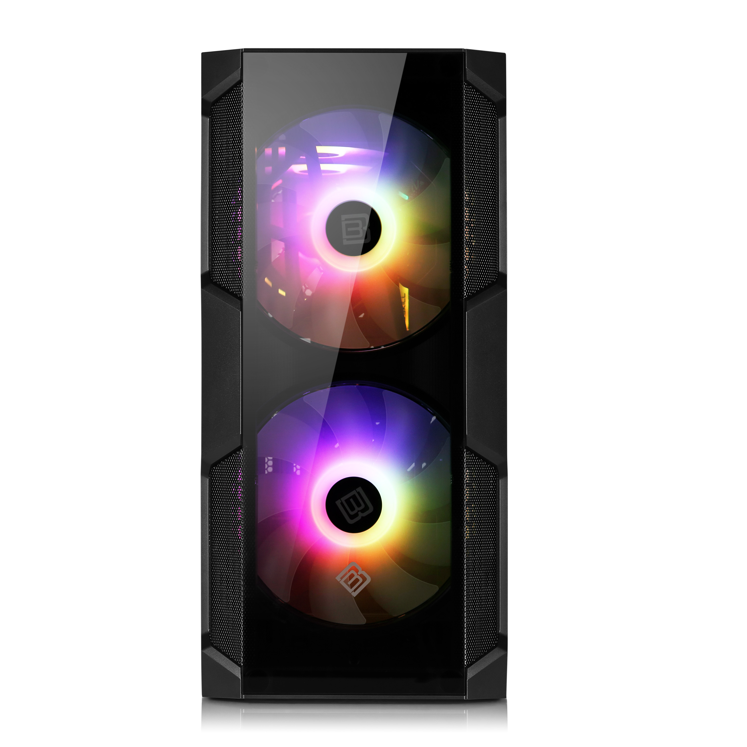 Ein schwarzes Computergehäuse mit zwei sichtbaren Lüftern. Die Lüfter haben farbige Lichter. Das Gehäuse ist schwarz.
