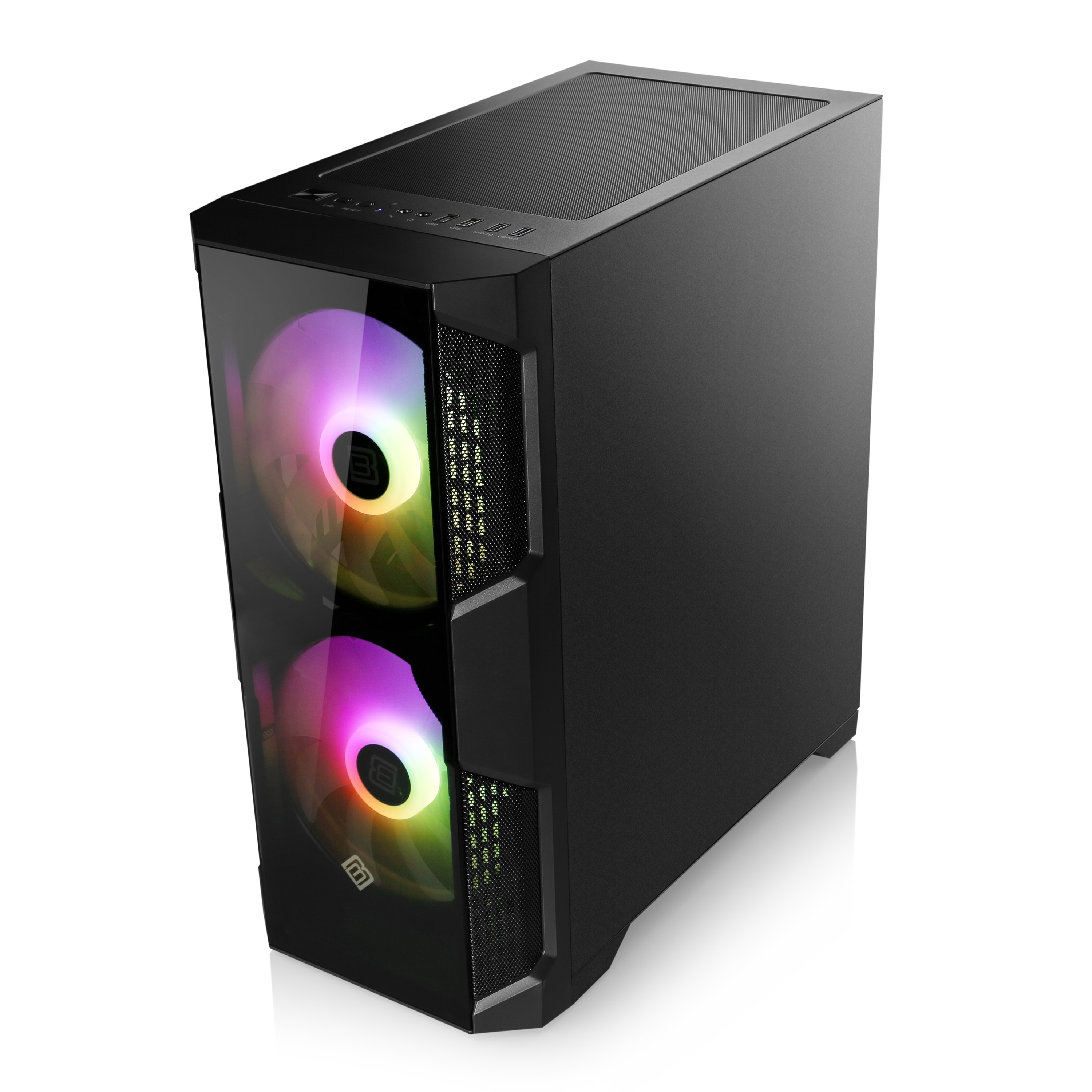 Schwarzes Computergehäuse mit farbigen Lüftern. Das Gehäuse ist hoch und hat Glasplatten.
