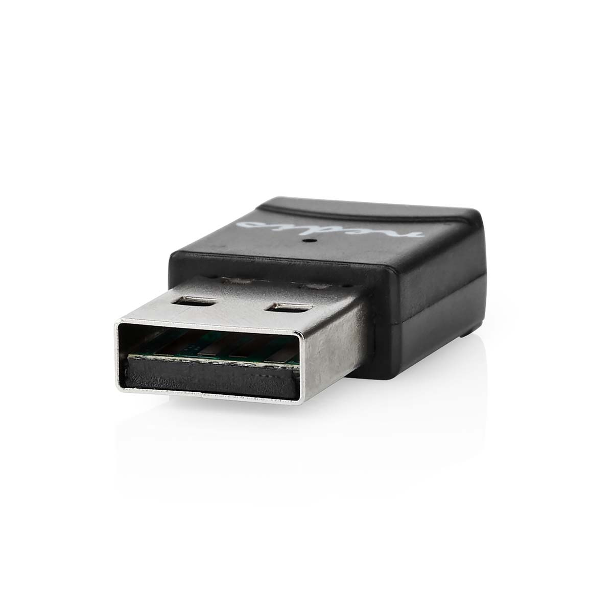 Black USB adapter with a silver USB port. The adapter is on a white surface.
