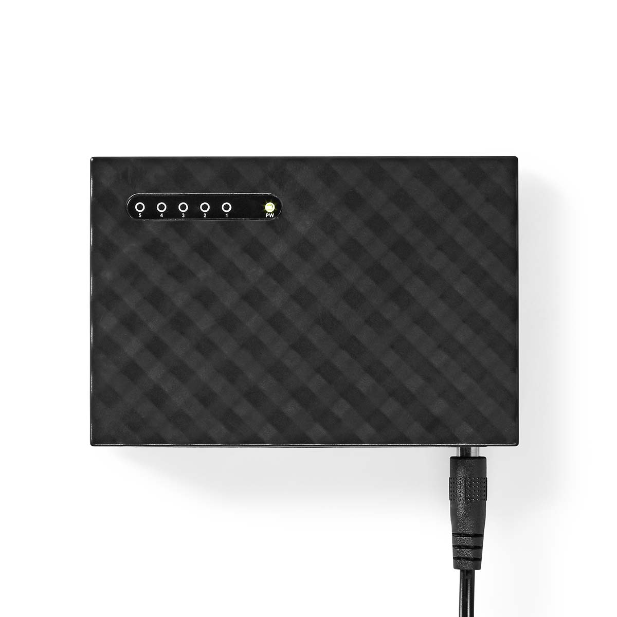 Schwarzes elektronisches Gerät mit sechs Kontrollleuchten und einem Stromanschluss. Es liegt auf einer weißen Oberfläche.