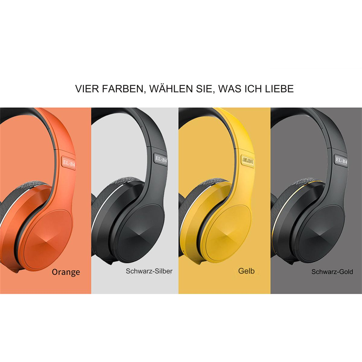 Vier Kopfhörer in Orange, Schwarz, Gelb und Schwarz-Gold, mit ihren Farbbezeichnungen darunter.