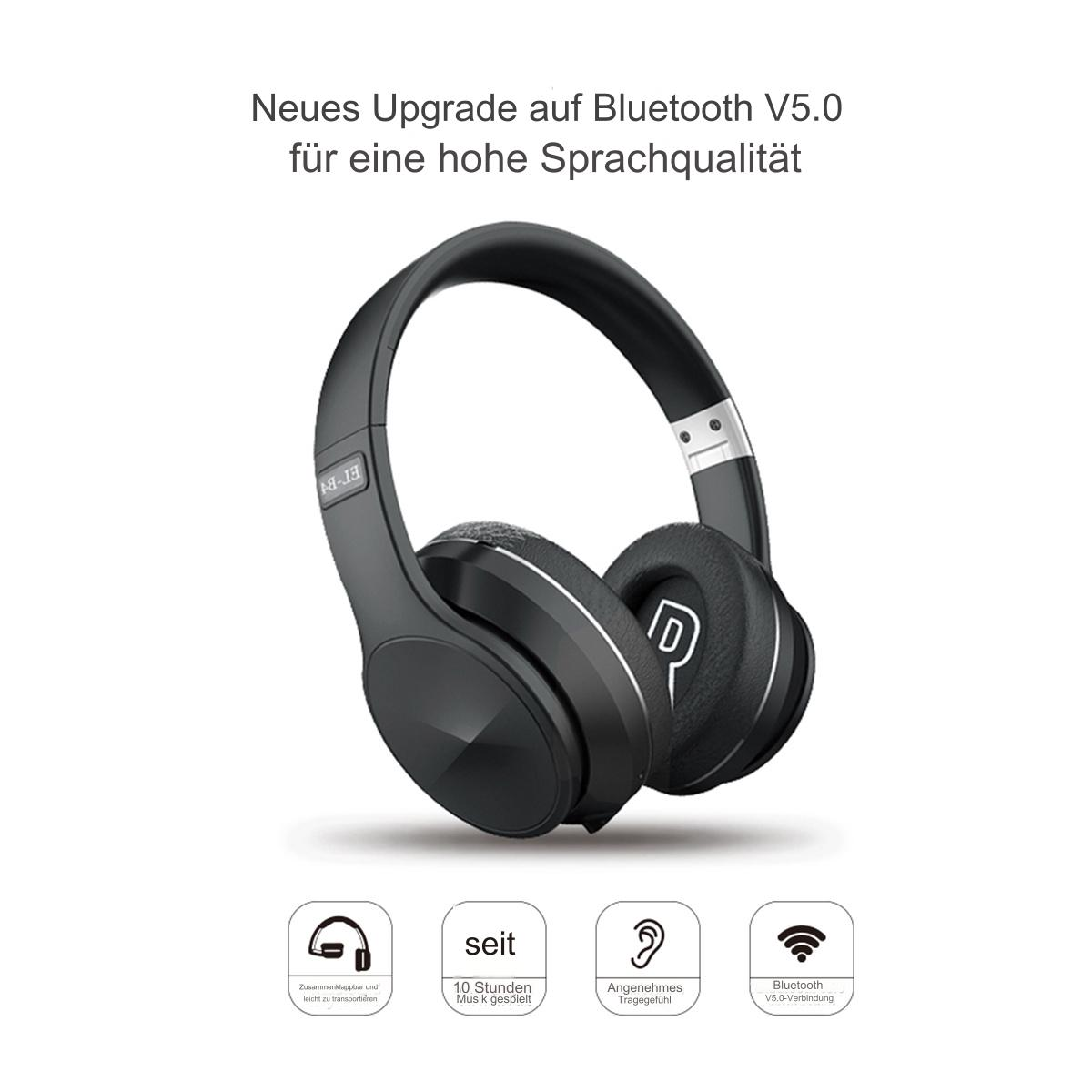Schwarze Kopfhörer mit weißem Logo. Text: Neues Upgrade auf Bluetooth V5.0.