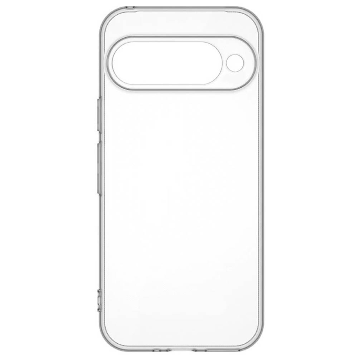 Eine transparente Handyhülle. Sie hat einen Kameraausschnitt und Knopfaussparungen. Die Hülle ist transparent.