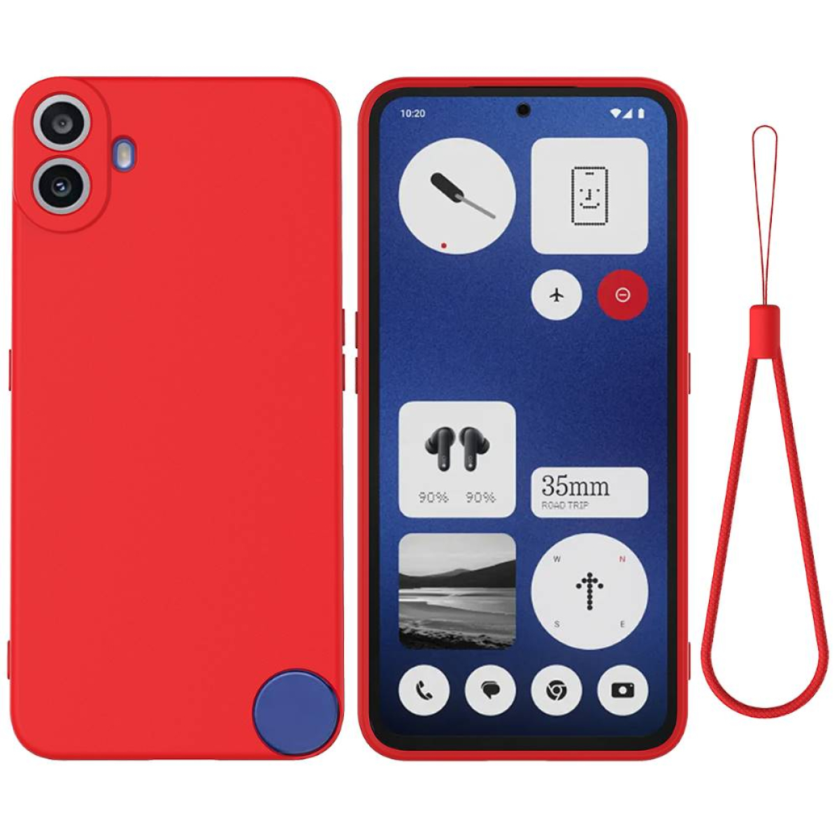 Rote Handyhülle mit rotem Schlüsselband und einem Telefonbildschirm mit Symbolen.