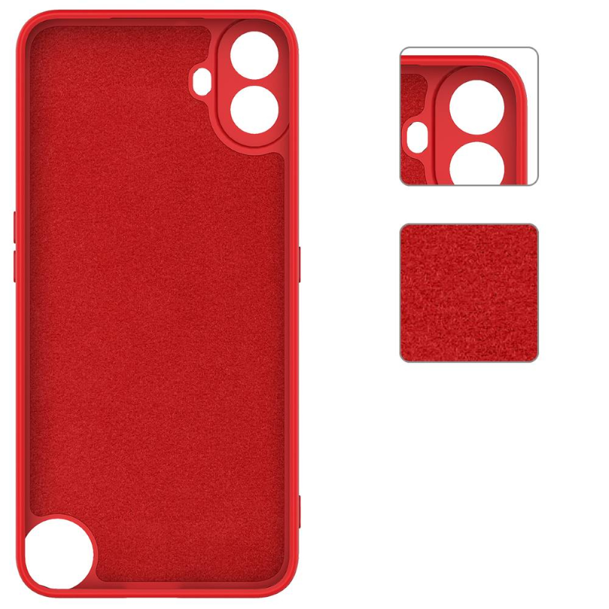 Eine rote Telefonhülle mit Aussparungen für Kamera und Knöpfe. Die Telefonhülle befindet sich auf weißem Hintergrund.