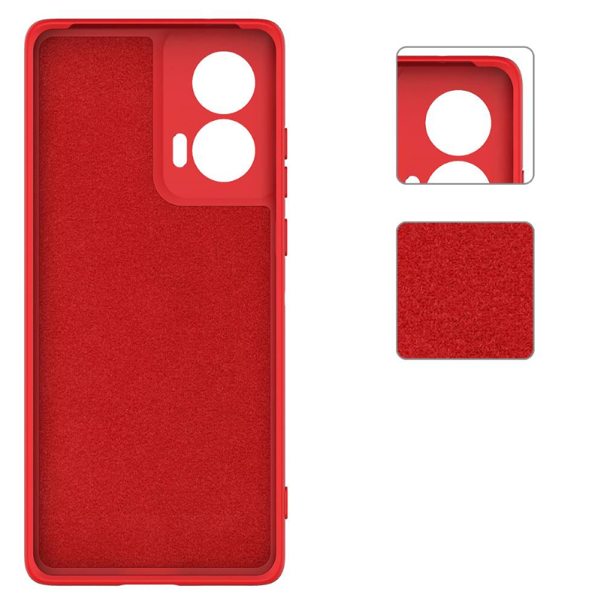 Eine rote Handyhülle mit Aussparungen für Kameras und Tasten. Eine detaillierte Nahaufnahme des Materials wird gezeigt.