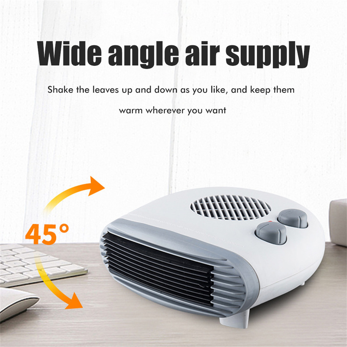 Ein weiß-grauer Ventilator mit Digitalanzeige. Der Ventilator steht auf einer Holzoberfläche.