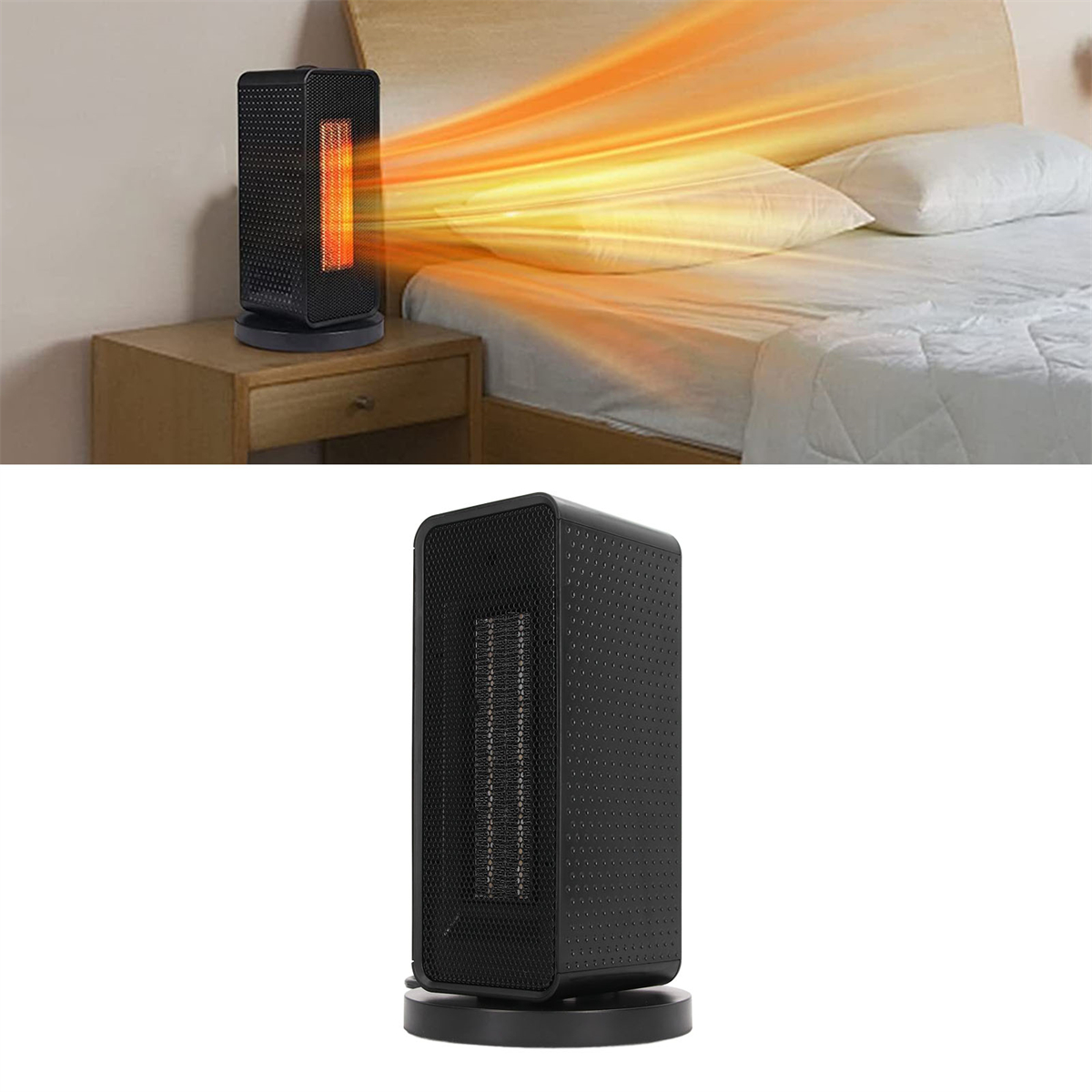 Eine schwarze Heizung mit drehbarem Sockel. Die Heizung steht vor einem Bett mit Kissen.