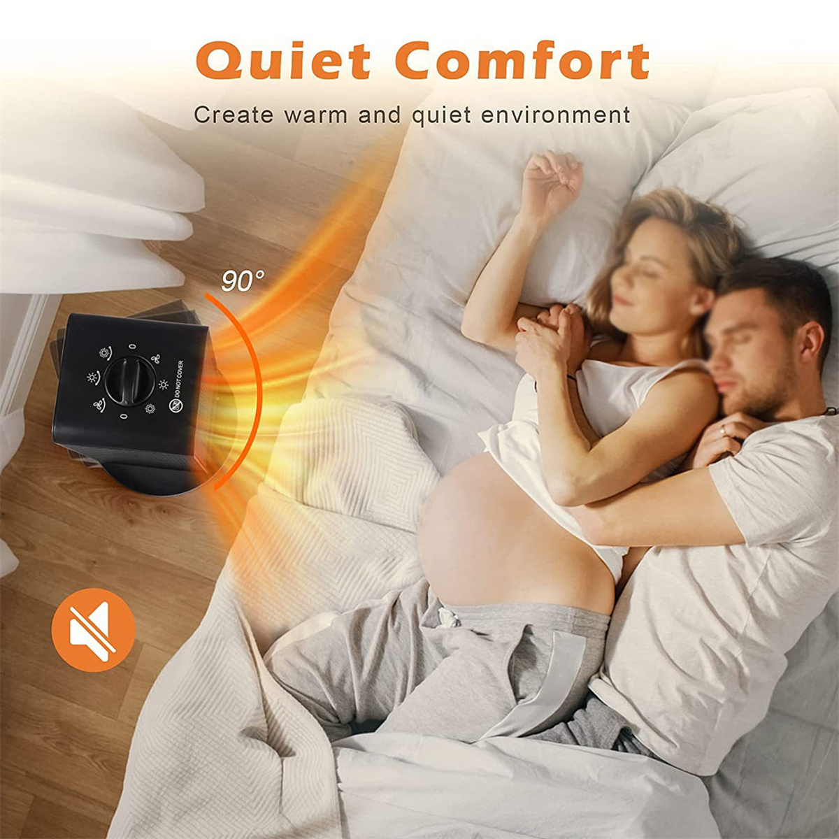 Eine schwangere Frau und ein Mann liegen im Bett, mit einem Heizgerät daneben. Die Szene ist warm und ruhig.