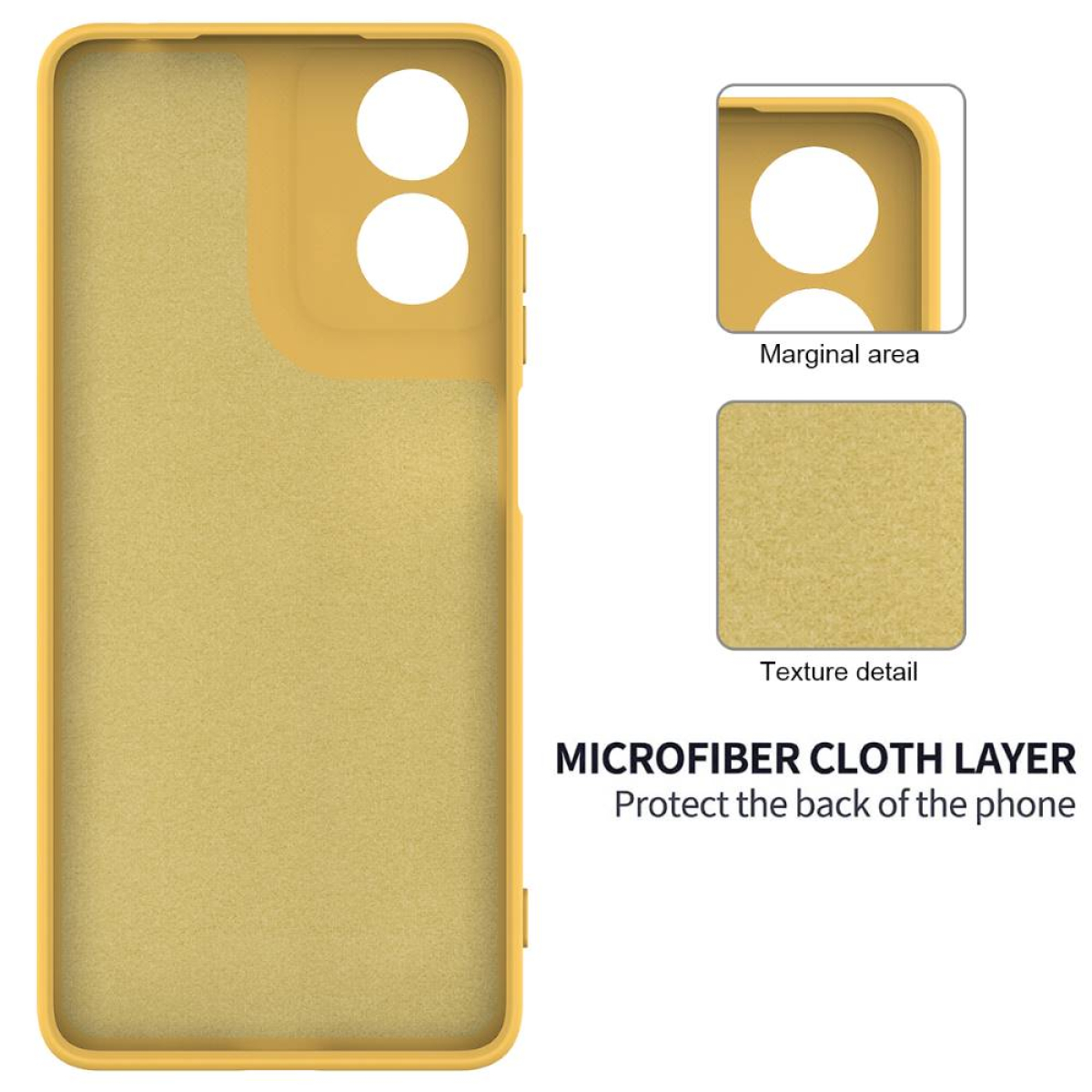 Eine gelbe Handyhülle mit zwei kreisförmigen Kameraausschnitten. Text 'MICROFIBER CLOTH LAYER'.