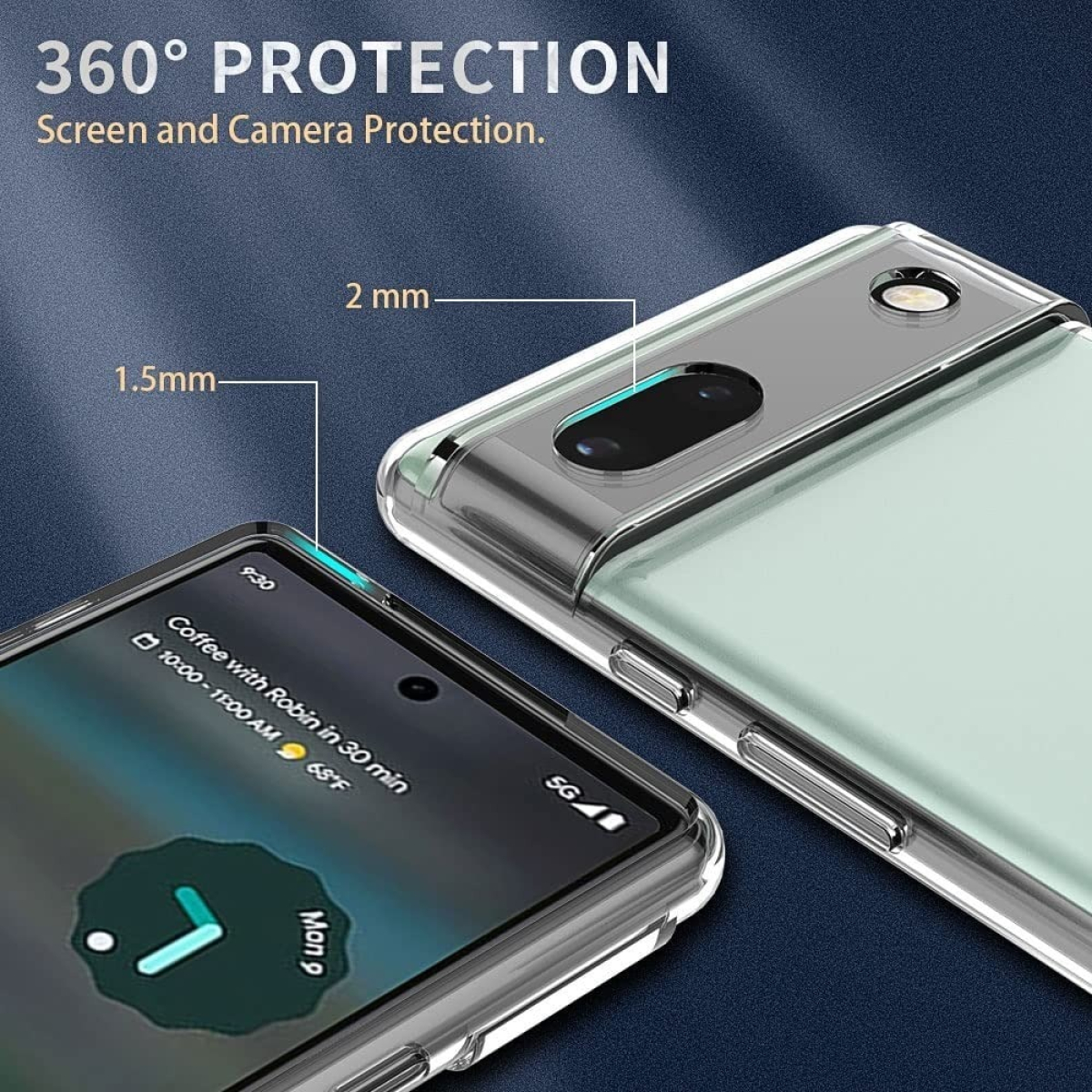 Transparente Handyhülle mit Telefon. Text auf dem Bildschirm. Zeigt die Abmessungen der Hülle.
