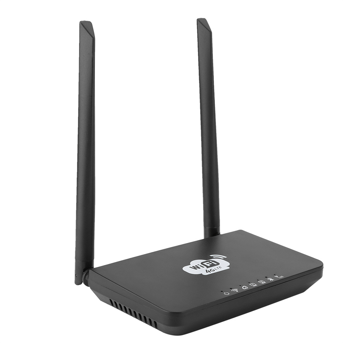 Ein schwarzer WLAN-Router mit zwei Antennen. Der Router hat Lichter und die Aufschrift "WIFI 4G LTE".
