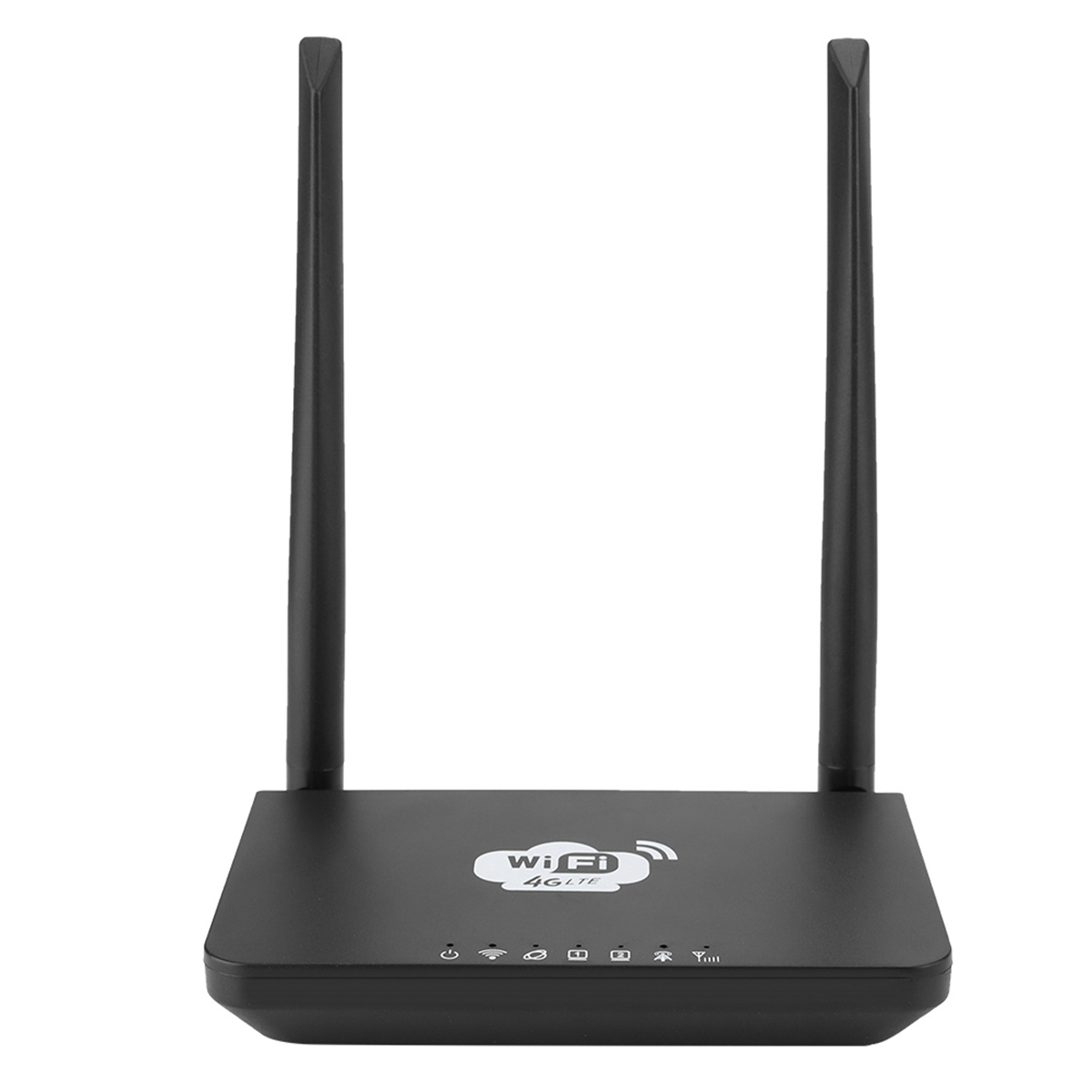 Ein schwarzer WLAN-Router mit zwei Antennen und mehreren Kontrollleuchten.