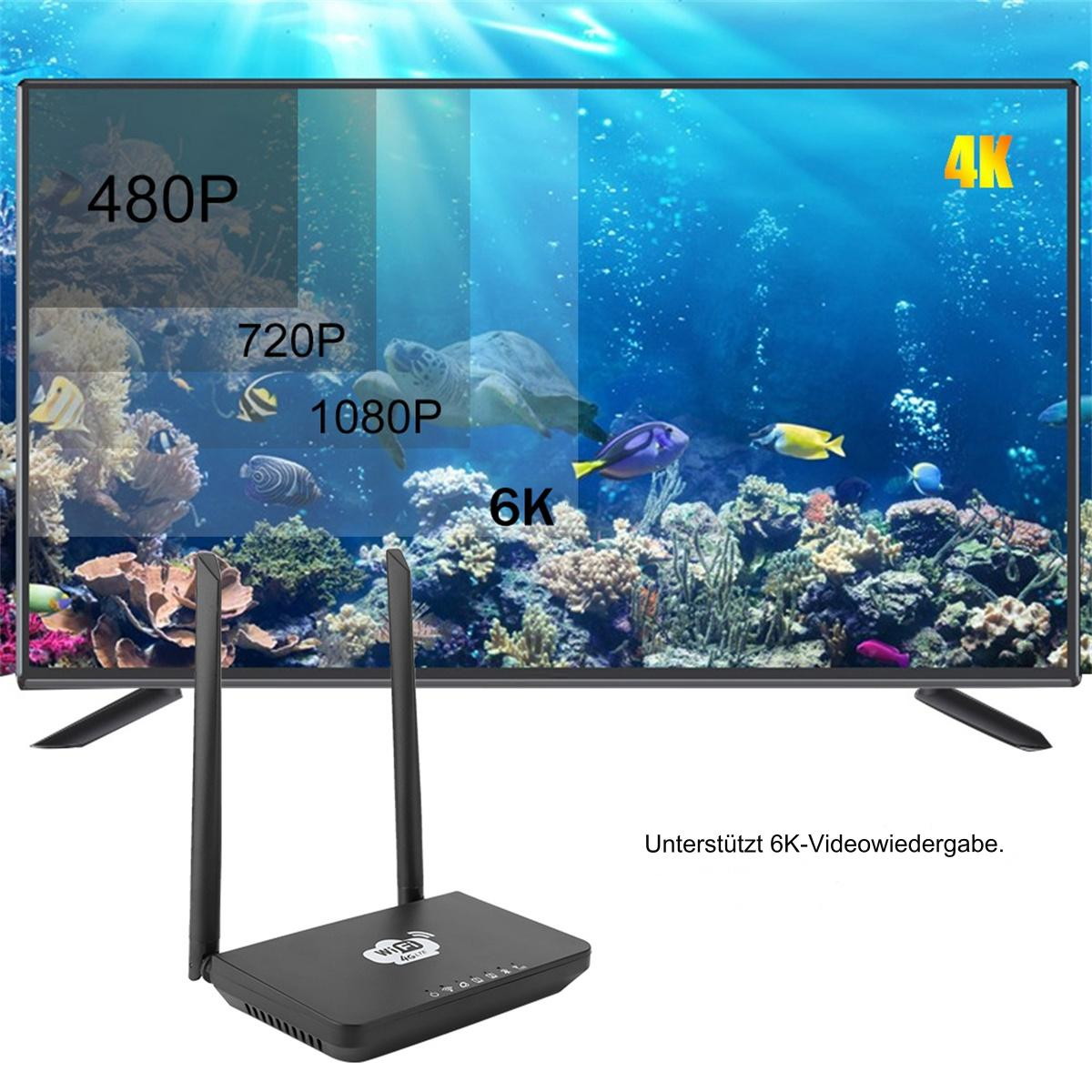 Fernseher zeigt Auflösungsoptionen. Vorne ist ein Router. Der Bildschirm zeigt ein Aquarium mit Fischen.