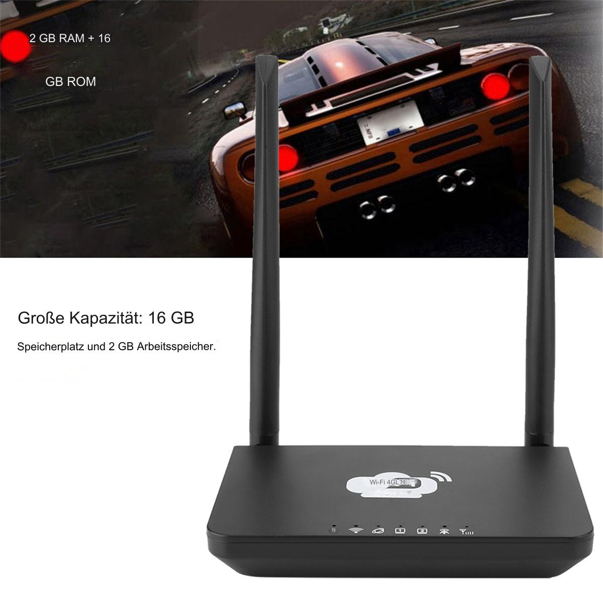 Schwarzer Router mit zwei Antennen. Rotes Auto mit Lichtern. Hintergrund zeigt Straße.