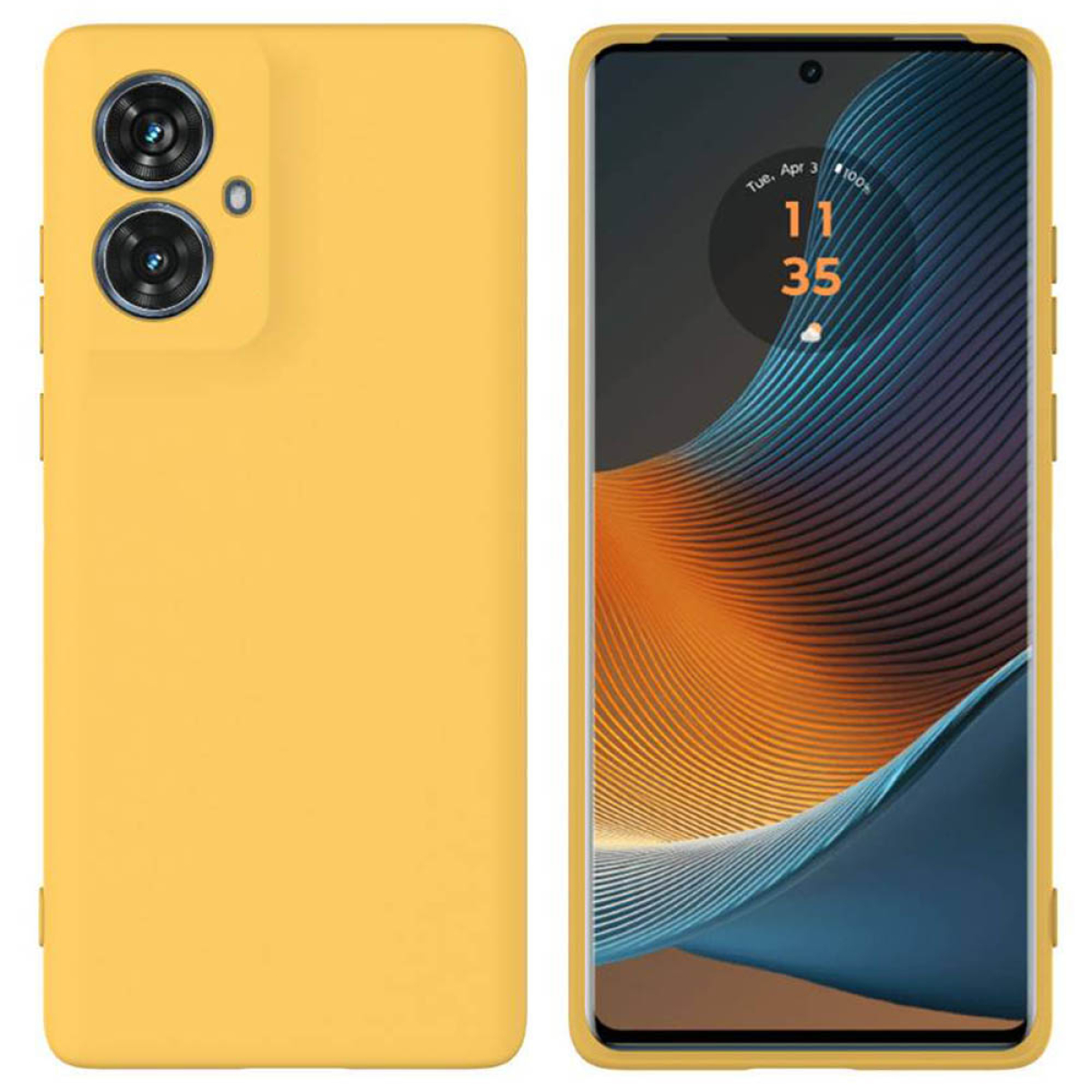 Gelbes Telefon mit Uhrzeit auf dem Bildschirm, neben einem anderen Telefon.