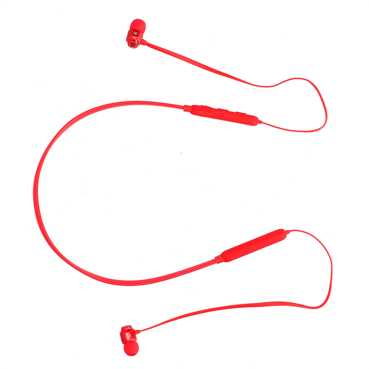 Rote Nackenband-Kopfhörer mit Bedienfeld und zwei Ohrhörern.
