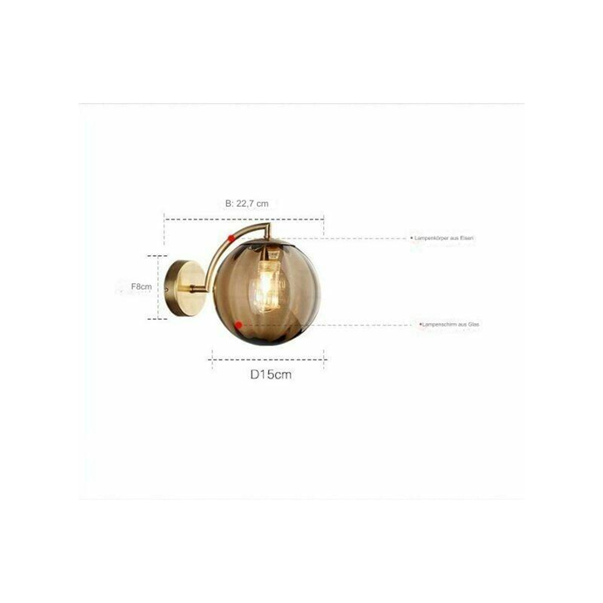 Eine Wandlampe mit goldenem Arm und braunem Glasschirm. Die Lampe ist aus.