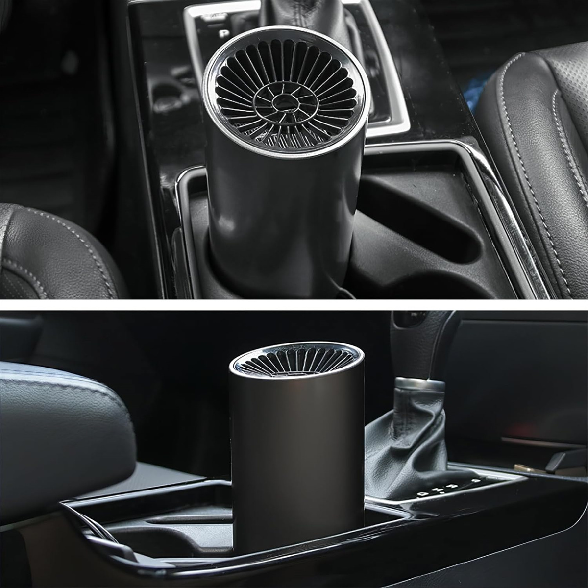 Auto-Becherhalter-Lufterfrischer. Schwarzes, zylindrisches Design mit einem Lüftergitter.