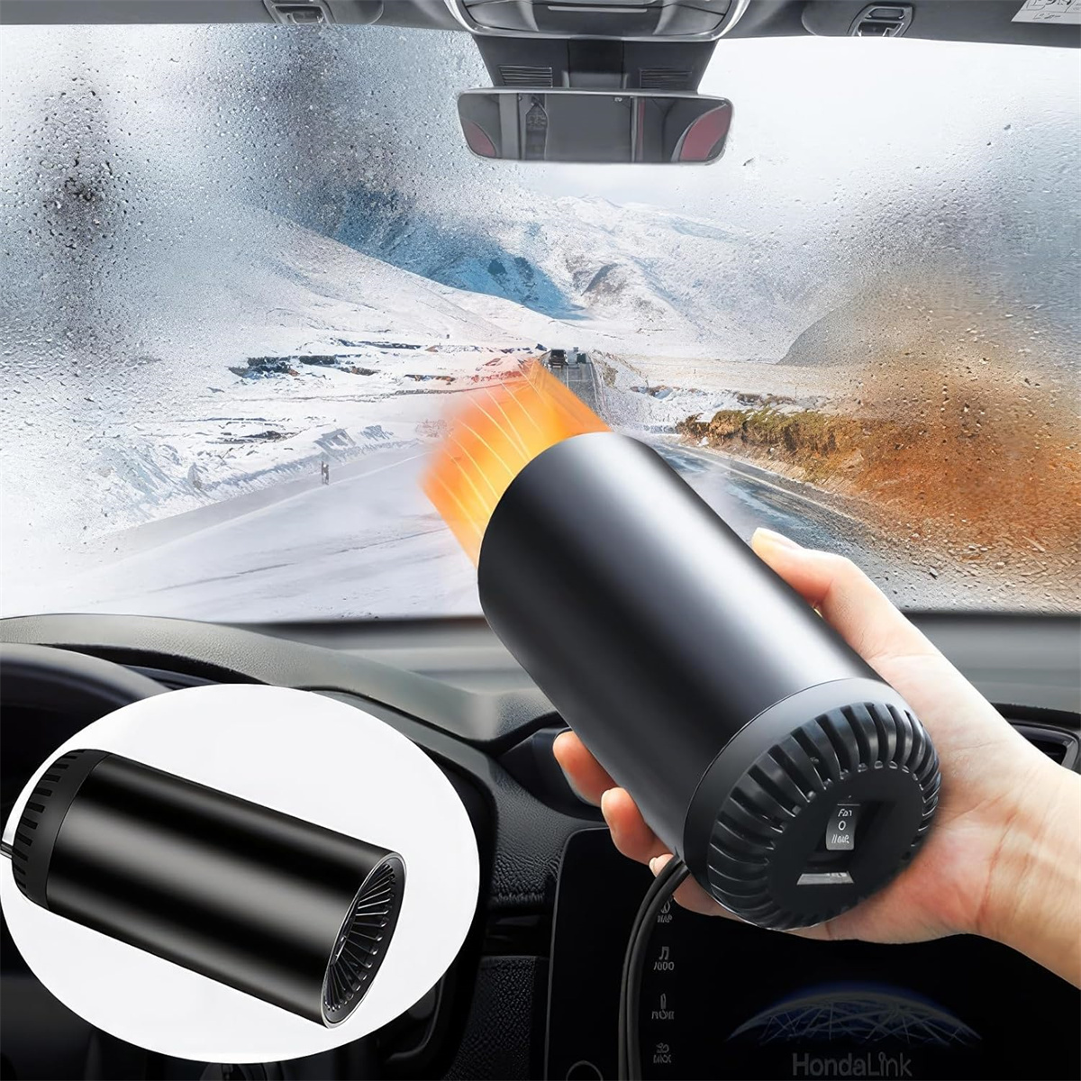 Schwarze Autoheizung mit rotem Glühen, im Auto mit schneebedecktem Hintergrund.