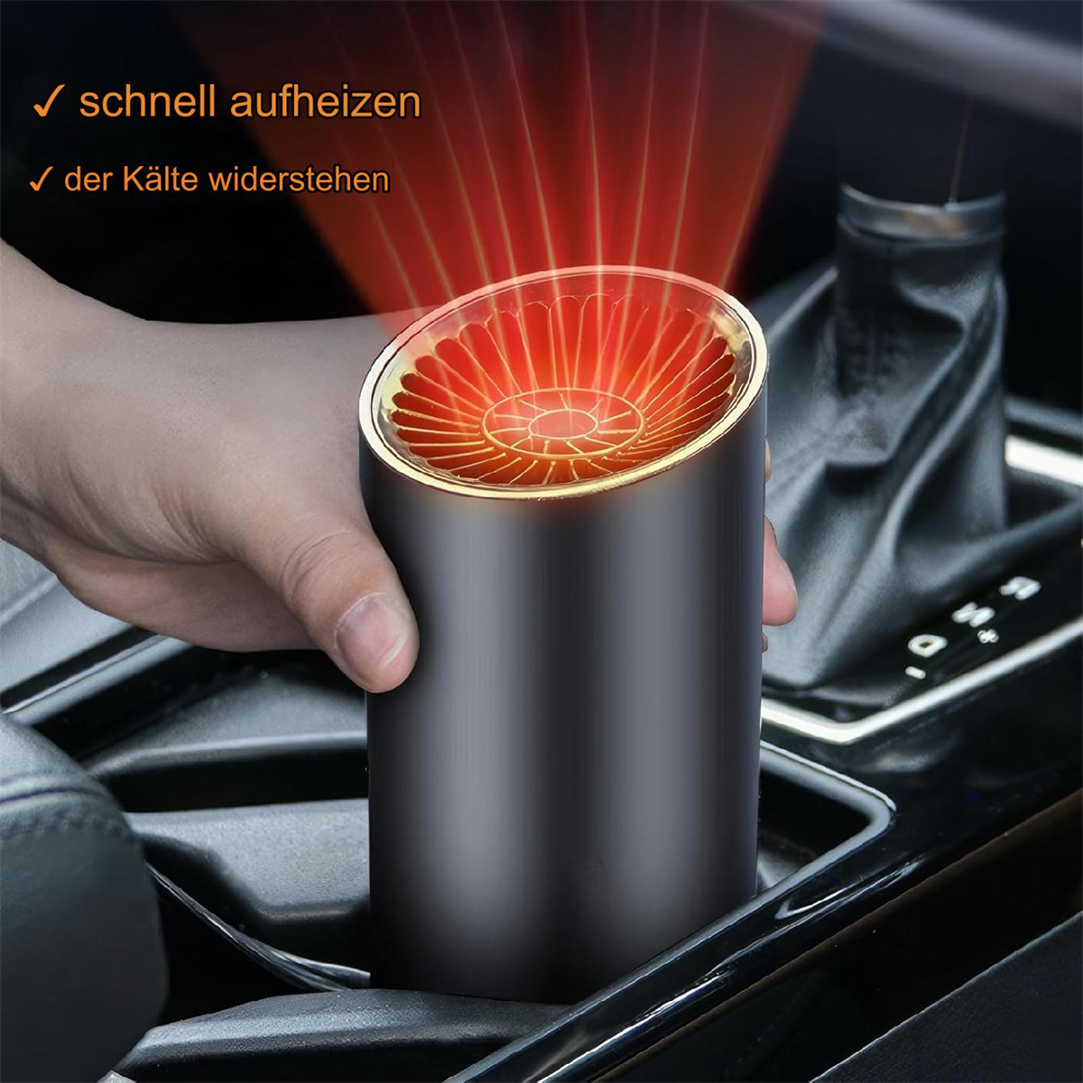 Tragbarer Heizlüfter mit rotem Schein. Im Auto, Text "schnell aufheizen".