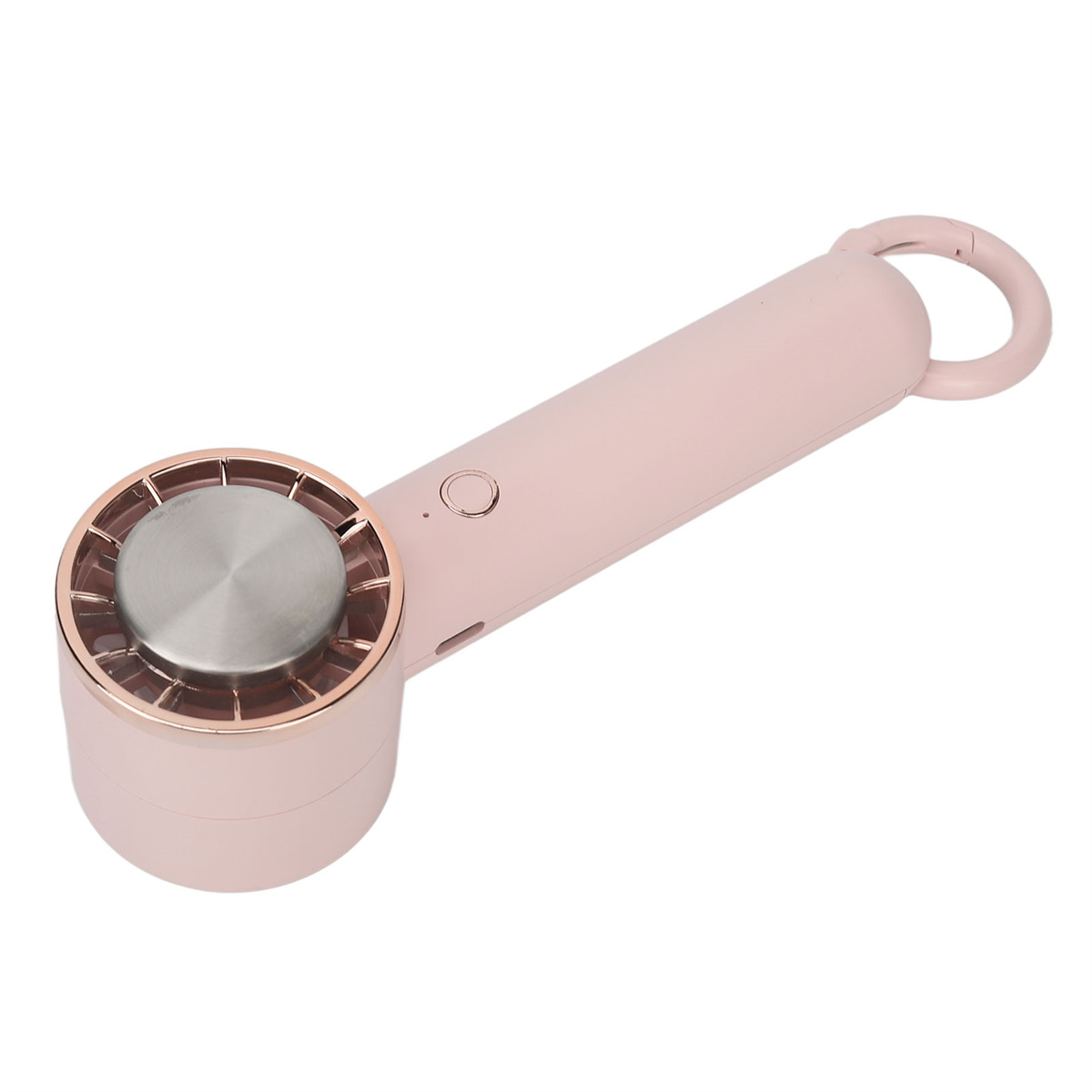 Handventilator in Rosa mit roségoldfarbenem Besatz und Schlaufe.