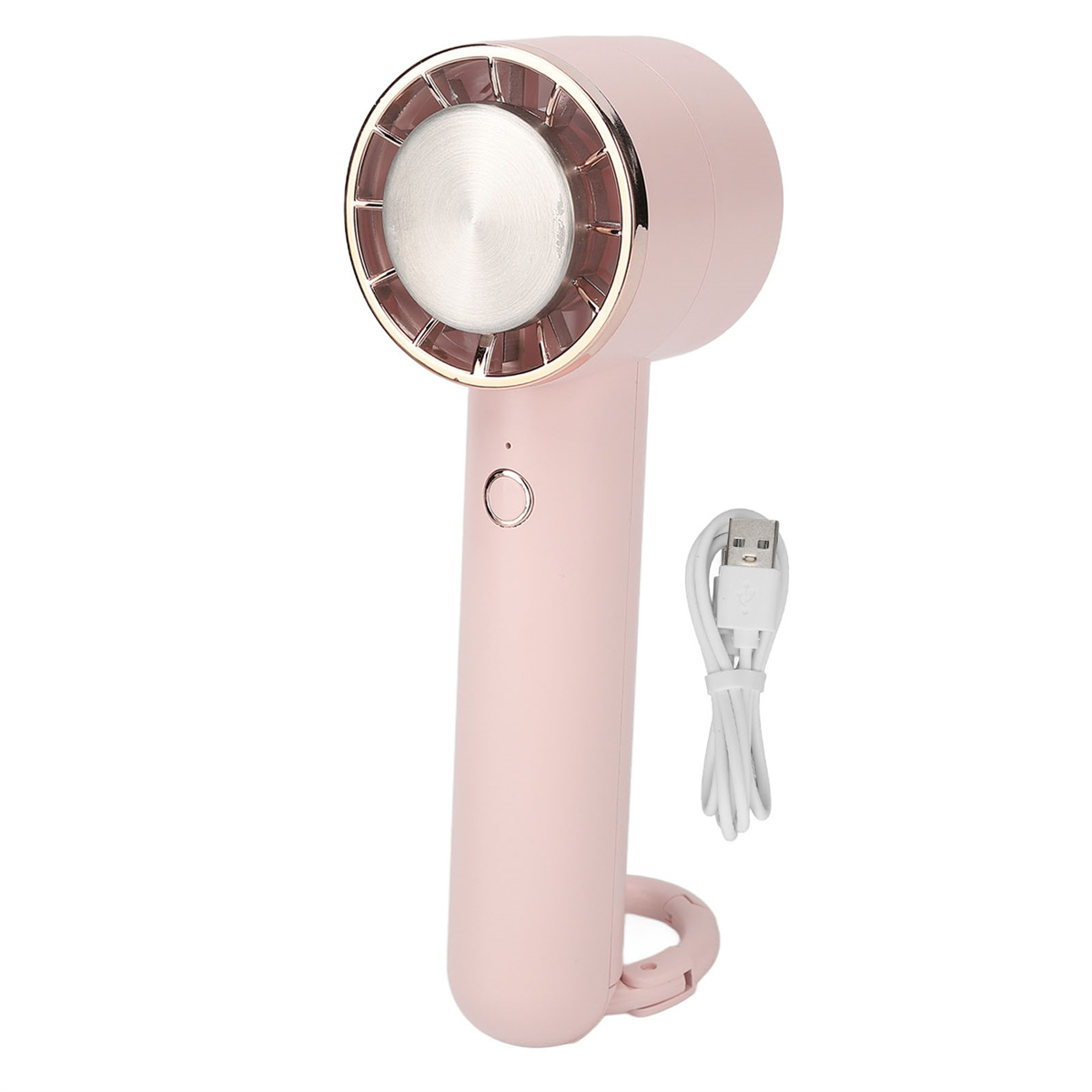 Handventilator in Rosa mit roségoldfarbenem Akzent. Ein weißes USB-Kabel daneben.