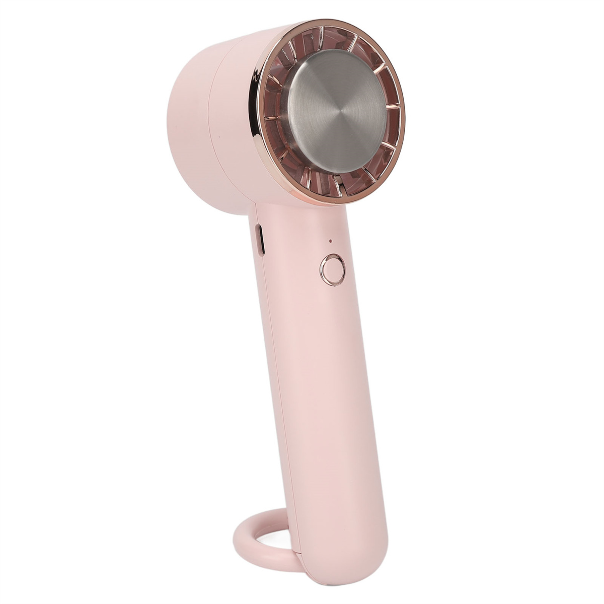 Rosa Handventilator mit silbernen Akzenten und einem kreisförmigen Ständer.