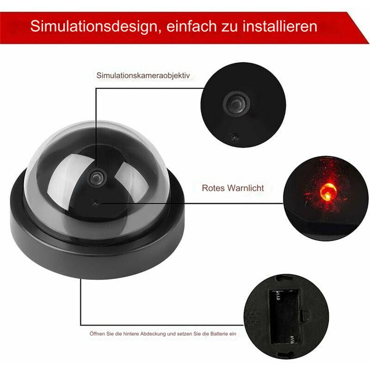 Schwarze, kuppelförmige Überwachungskamera mit Etiketten und roter Anzeige.