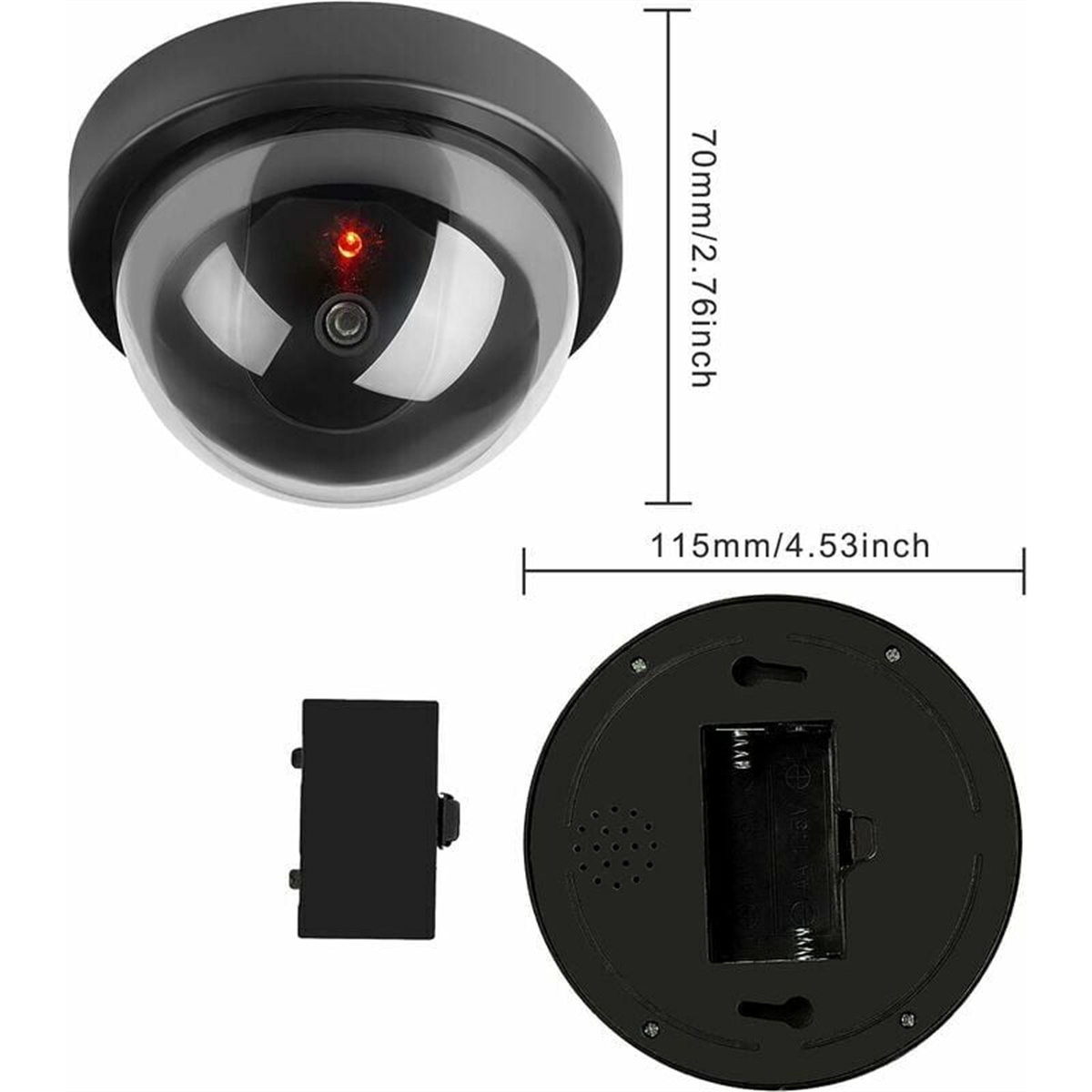 Eine schwarze Kuppelkamera mit Abmessungen und einem Batteriefach.