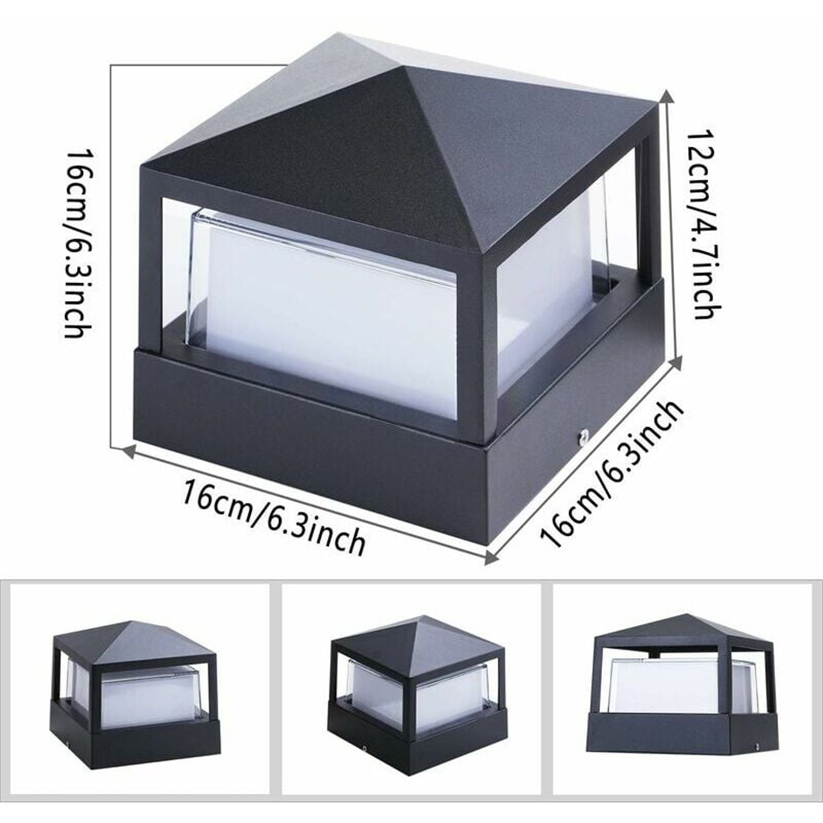 Schwarze Außenlampe mit Abmessungen, mit drei Ansichten.