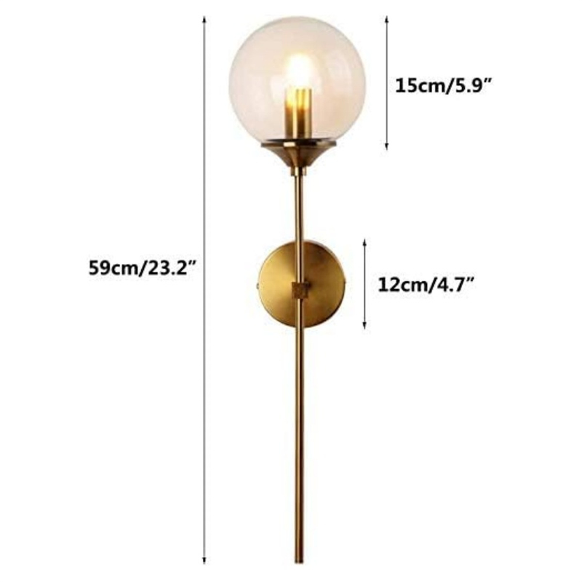 Goldene Wandlampe mit Glaskugel und Maßen.