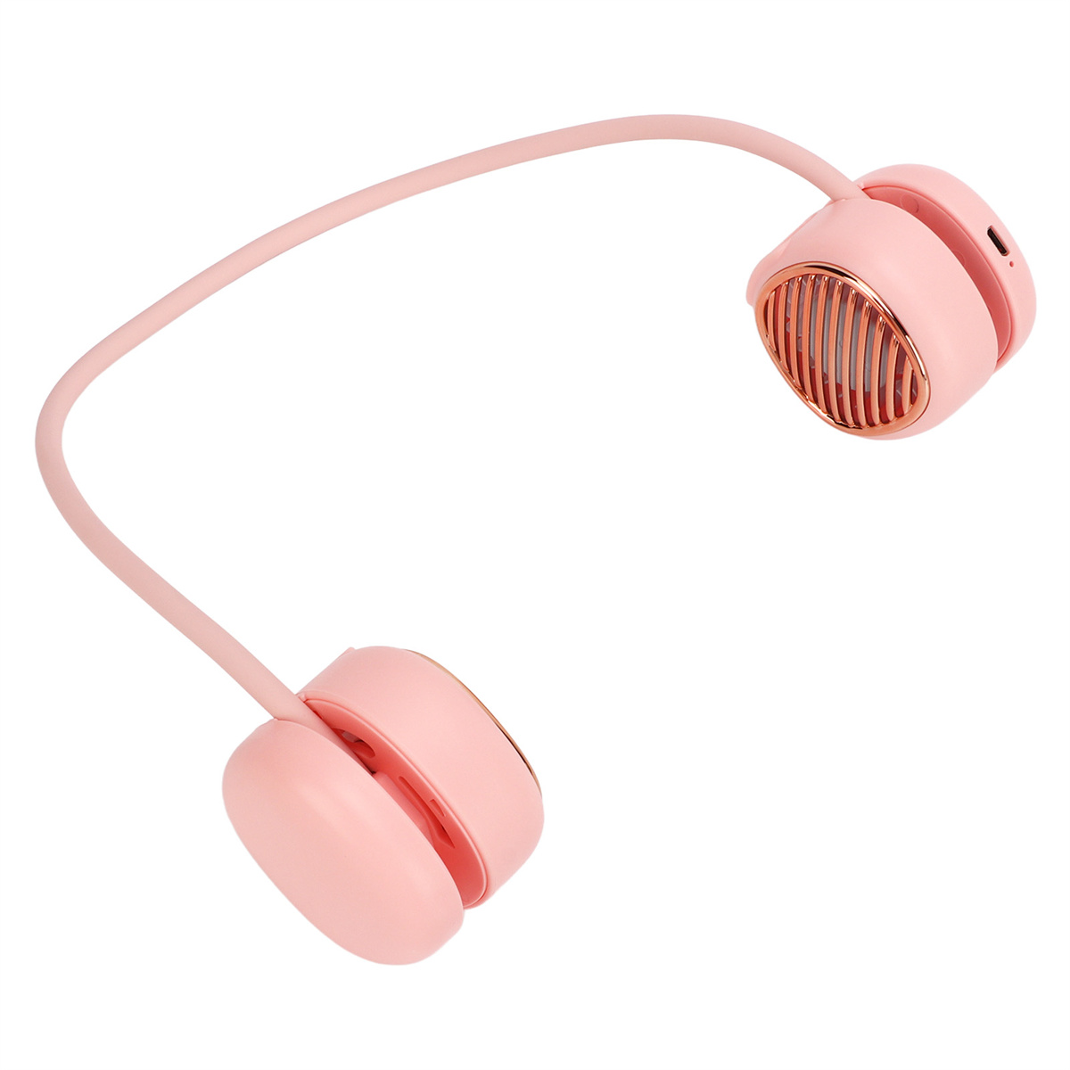 Pinker Nackenventilator, tragbar, mit zwei Ventilatorköpfen und flexiblem Arm.