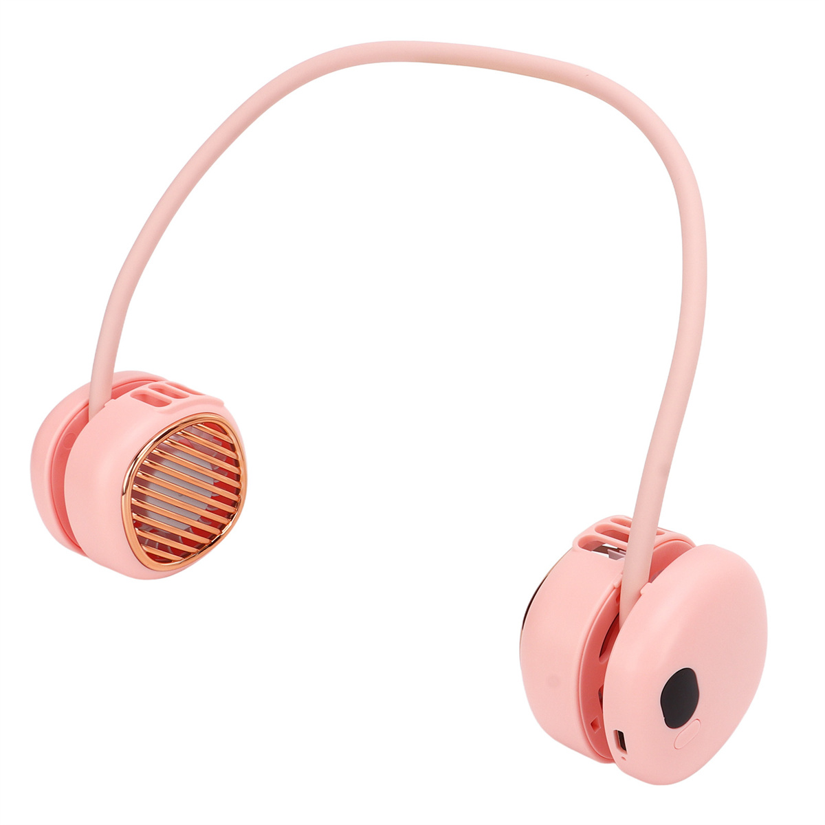 Ein pinkfarbener tragbarer Nackenventilator. Er ist um den Hals positioniert und hat zwei Einheiten.