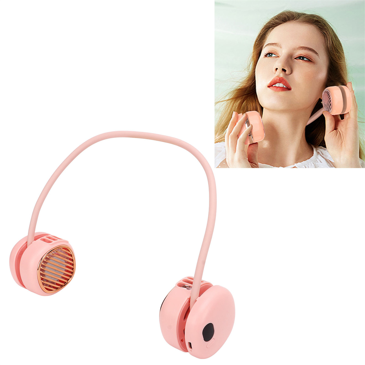 Ein rosa Nackenventilator um den Hals einer Frau. Eine Nahaufnahme zeigt den Ventilator. Der Hintergrund ist weiß.