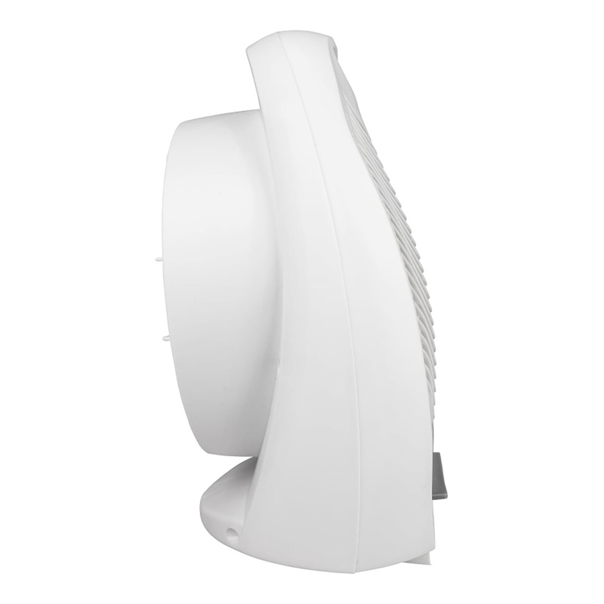Weißer Ventilator mit geschwungenem Design, Seitenansicht.