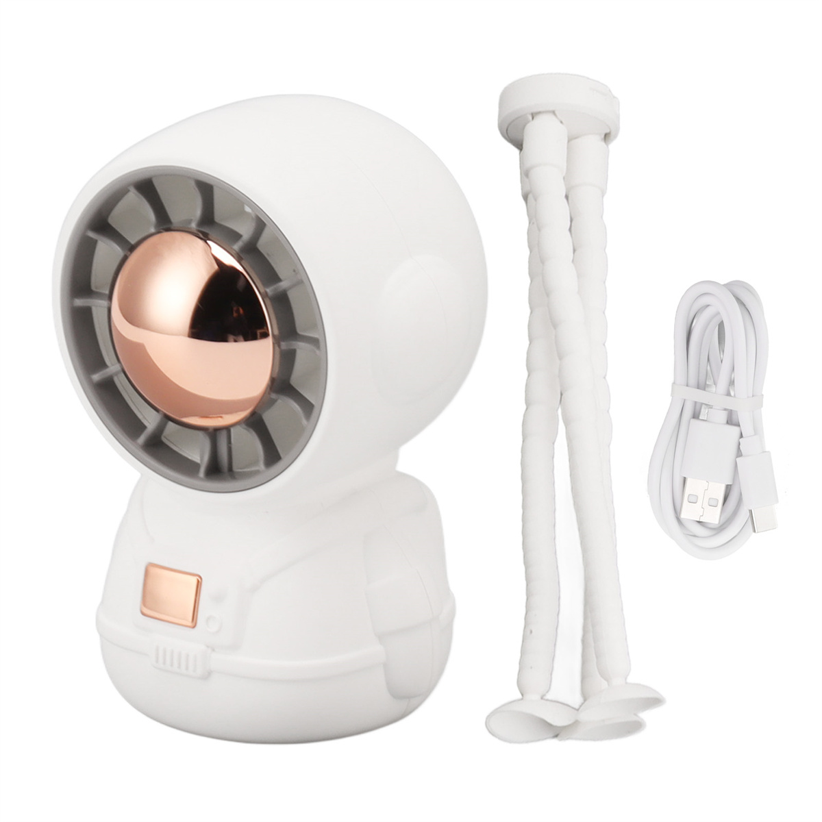 Weißer, astronautenförmiger Ventilator mit roségoldenem Zentrum. Weißes Stativ und Kabel. Weißer Hintergrund.