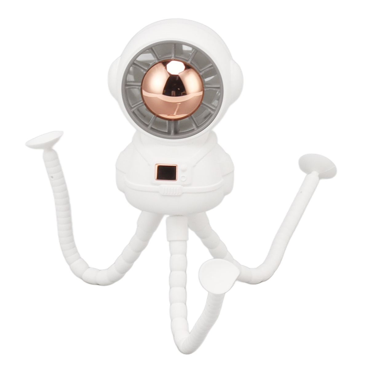 Weißer, astronautenförmiger Schreibtischventilator mit drei flexiblen Beinen. Mit einer roségoldenen Lüfterabdeckung.